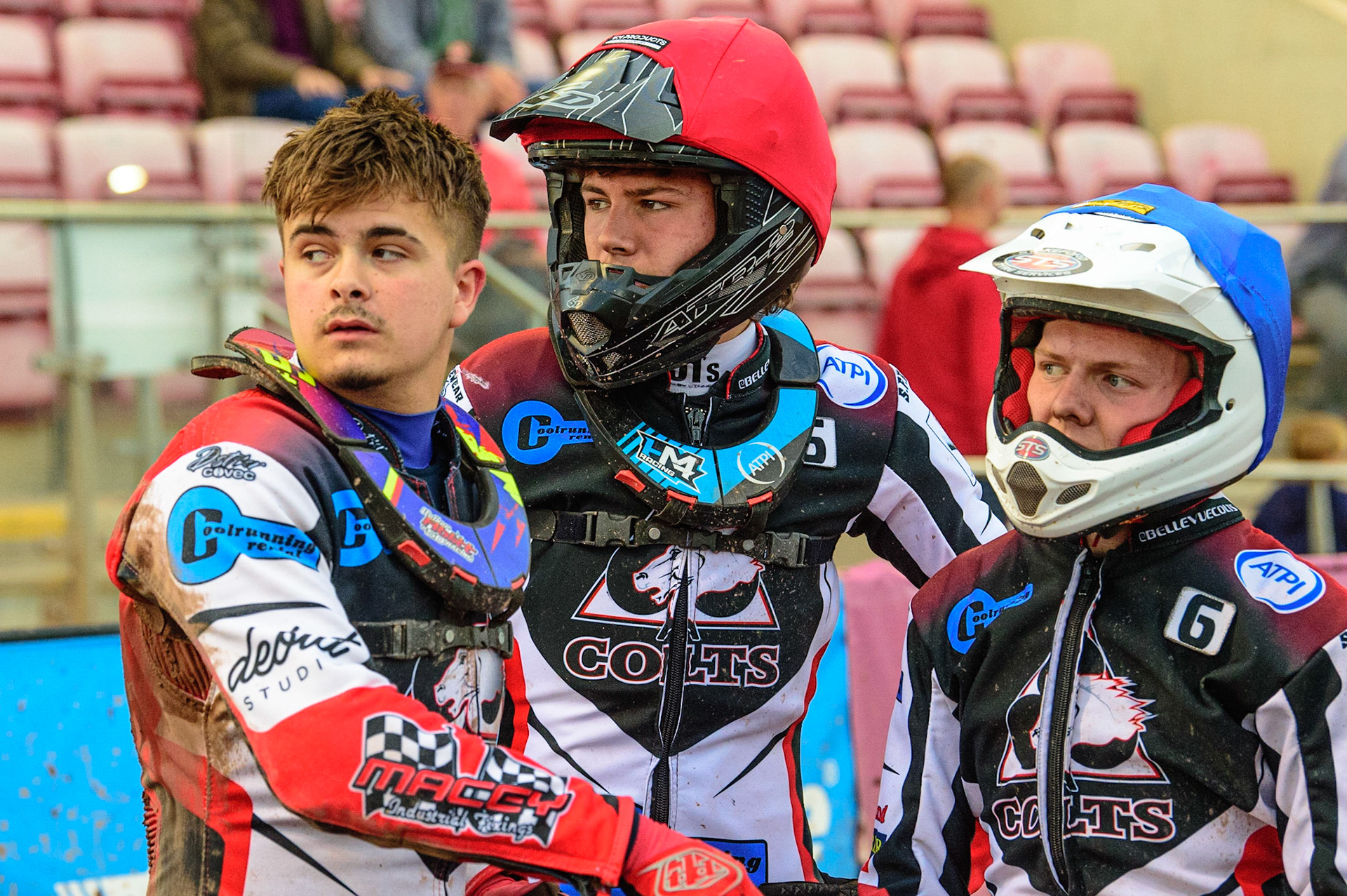 (l - r) Nathan Ablitt  , Harry McGurk  and Archie Freeman  during the National Development League match between Belle Vue Colts and Mildenhall Fens Tigers at the National Speedway Stadium, Manchester on Friday 15th July 2022. (Credit: Ian Charles | MI News)