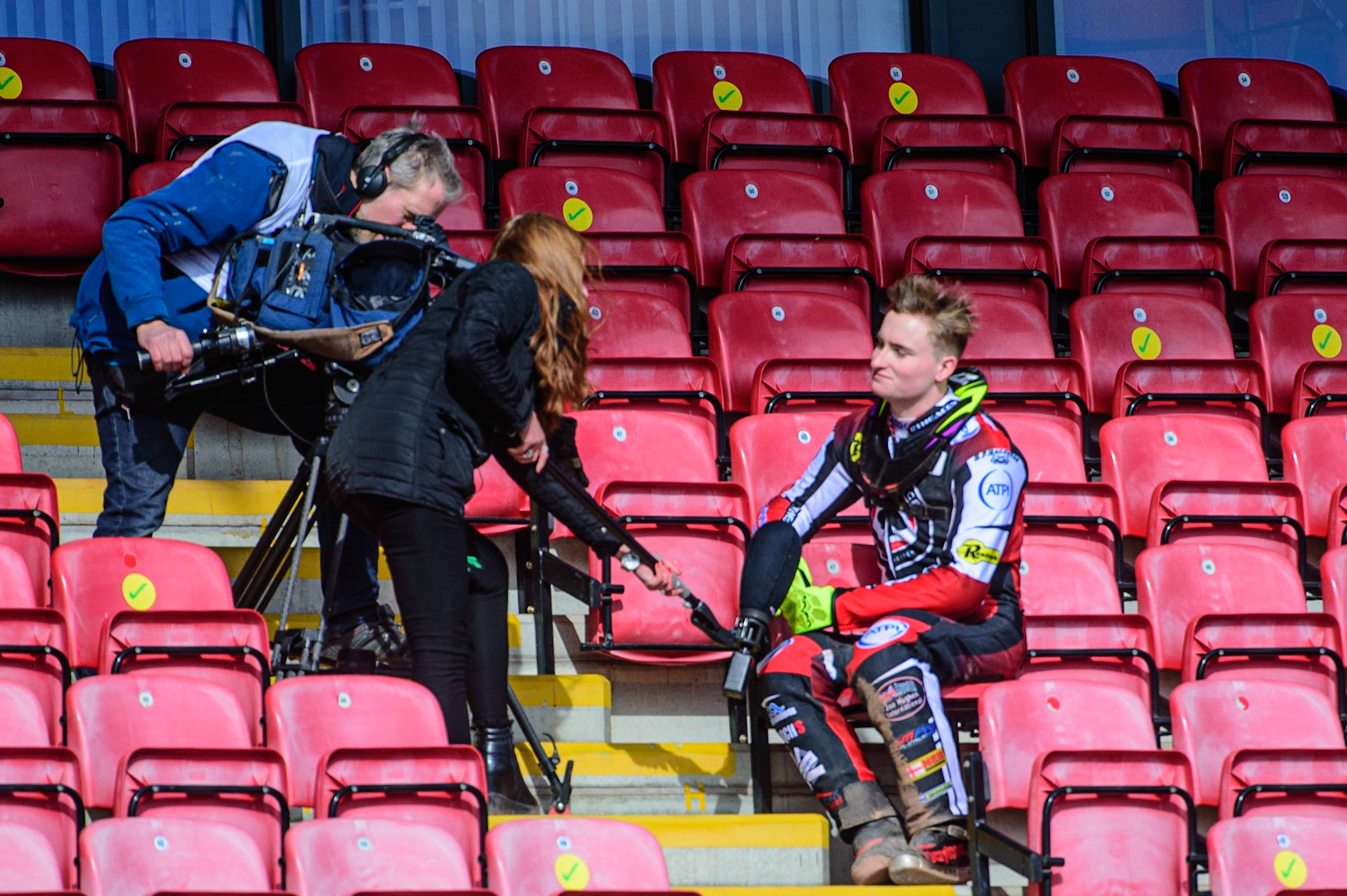 MANCHESTER, UK. MAR 14TH Tom Brennan is interviewed by ITV Granada Local News during the Belle Vue Speedway Media Day at the National Speedway Stadium, Manchester on Monday 14th March 2022. (Credit: Ian Charles | MI News)