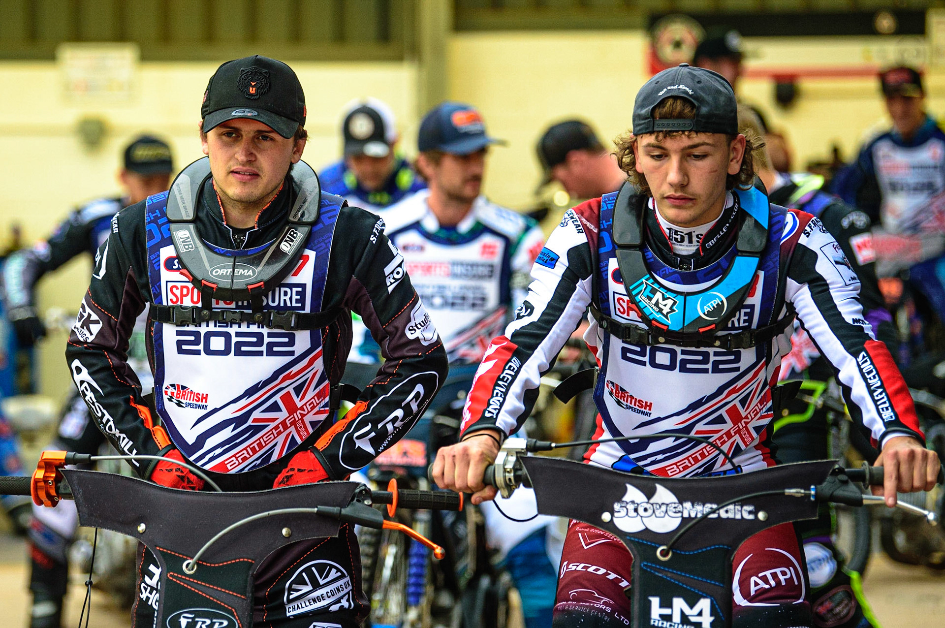 Meeting reserves Jack Smith (left) and Harry McGurk wait to go out on parade during the Sports Insure British Speedway Championship Final at the National Speedway Stadium, Bellevue, Manchester, England on Monday 1st August 2022. (Photo by: Ian Charles | MI News)