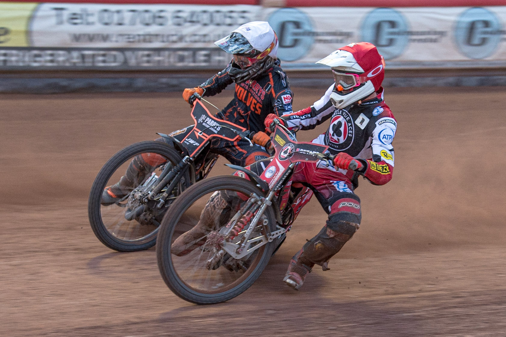 MANCHESTER, UK. JUN 13TH Max Fricke (Red) inside Sam Masters  (White) during the SGB Premiership match between Belle Vue Aces and Wolverhampton  Wolves at the National Speedway Stadium, Manchester on Monday 13th June 2022. (Credit: Ian Charles | MI News)