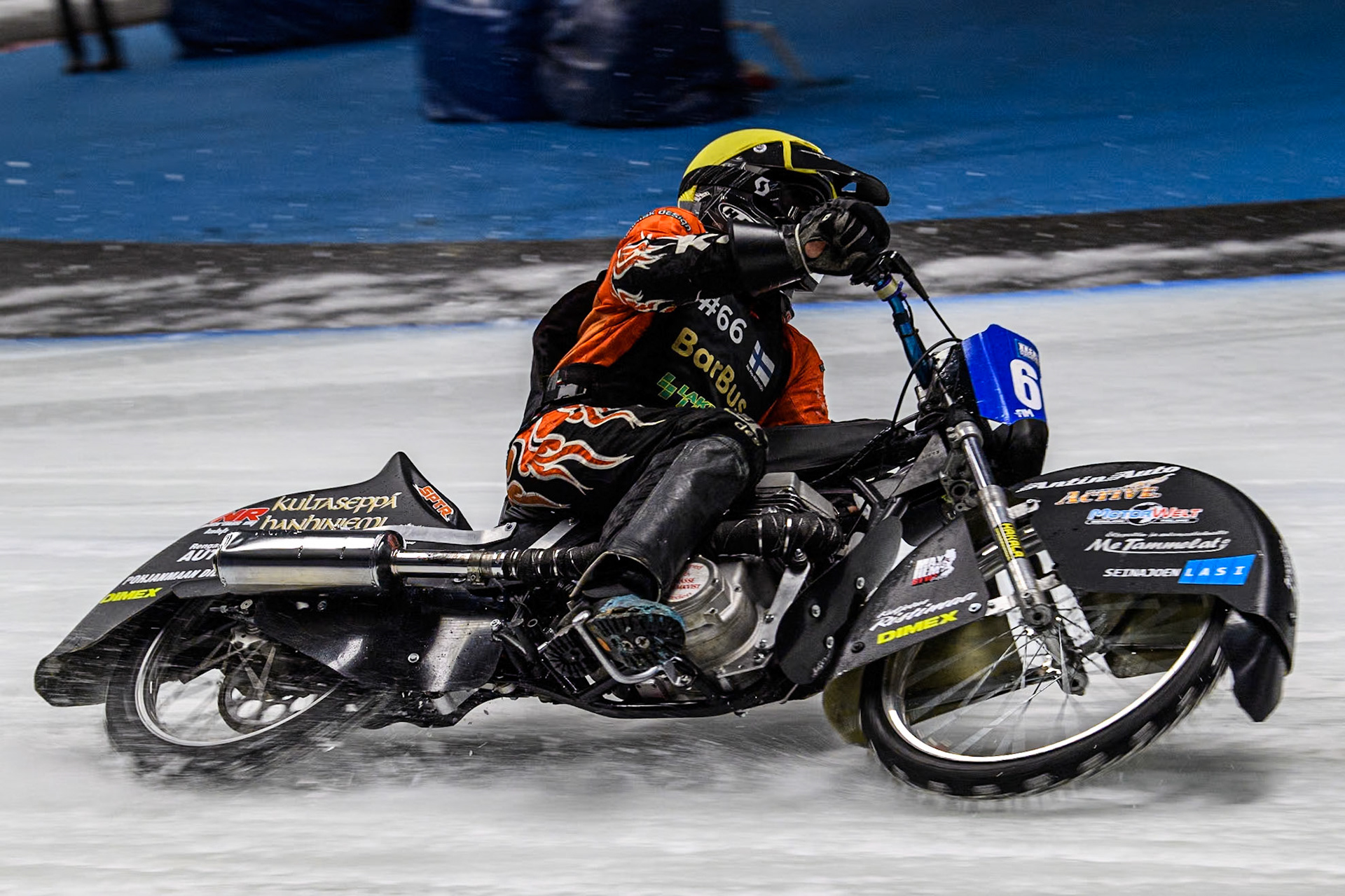 Finland's Aki Ala-Riihimäki (66) in action during the FIM Ice Speedway Gladiators World Championship Final 1 at the Max-Aicher-Arena, Inzell on Saturday 23 March 2024. (Photo: Ian Charles | MI News)