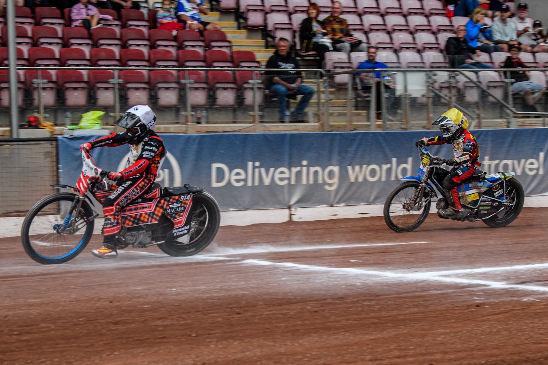 Rhys Harrow (125cc)  in White leading Charlie Fletcher (125cc) in Yellow during the British Youth 500cc Championships at the National Speedway Stadium, Manchester on Friday 2nd August 2024. (Photo: Ian Charles | MI News)