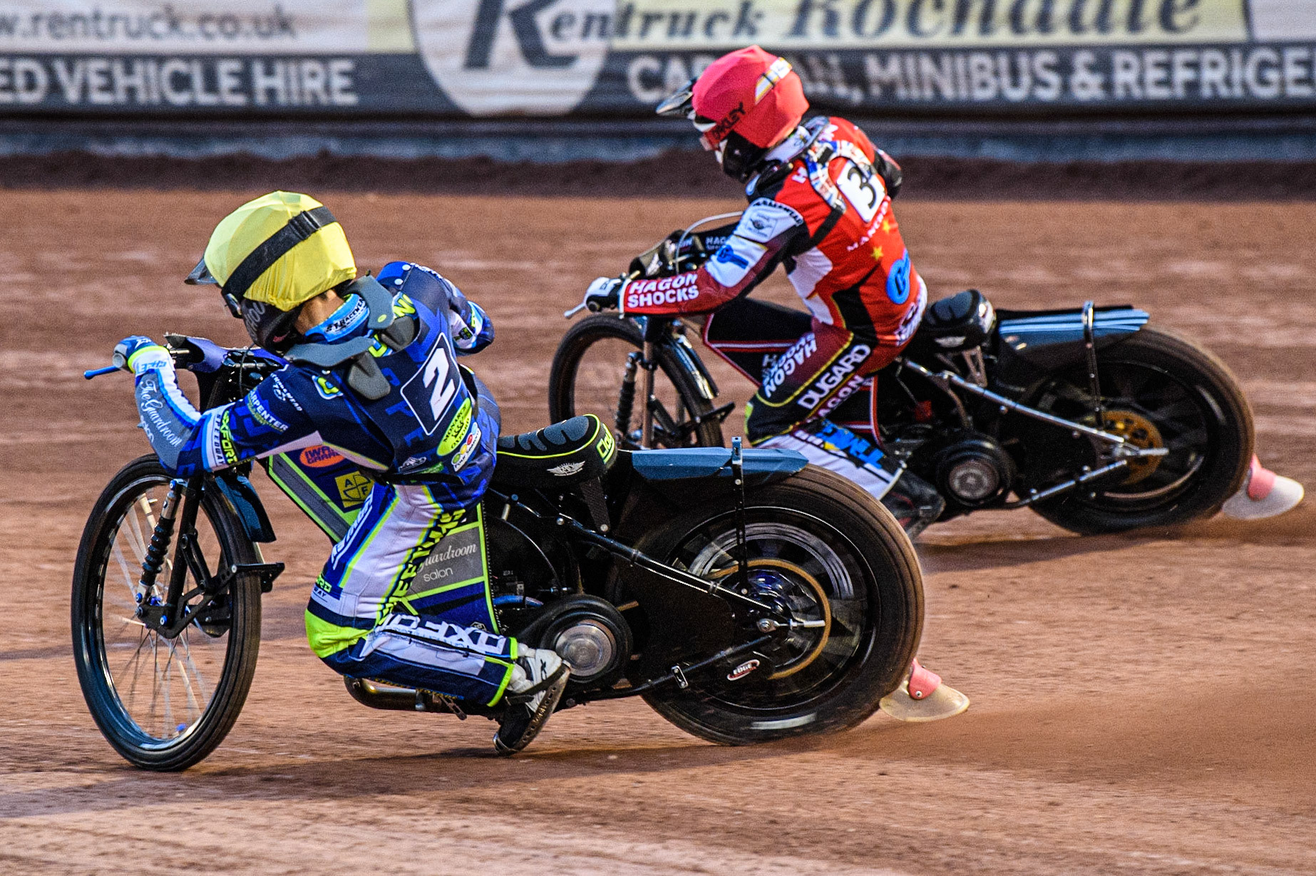 Jacob Clouting  (Yellow) inside Sam Hagon  (Red) during the National Development League match between Belle Vue Colts and Oxford Chargers at the National Speedway Stadium, Manchester on Friday 12th May 2023. (Photo: Ian Charles | MI News)