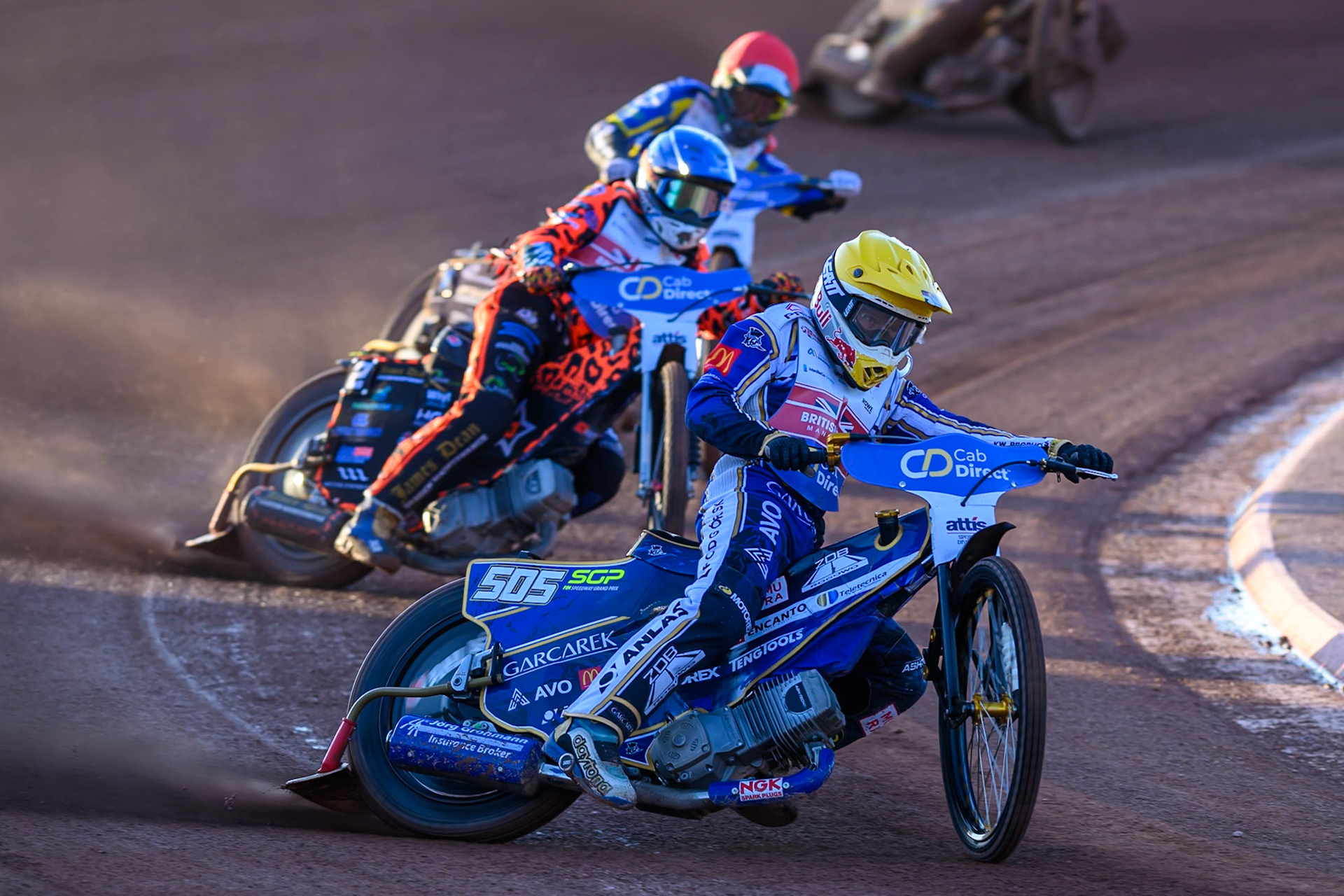 Robert Lambert (4) in Yellow leading Cooper Rushen (2) in Blue  and Anders Rowe (1) in Red during the Cab Direct British Speedway Championship Final at the National Speedway Stadium, Manchester on Saturday 15th August 2026. (Photo: Ian Charles | MI News)