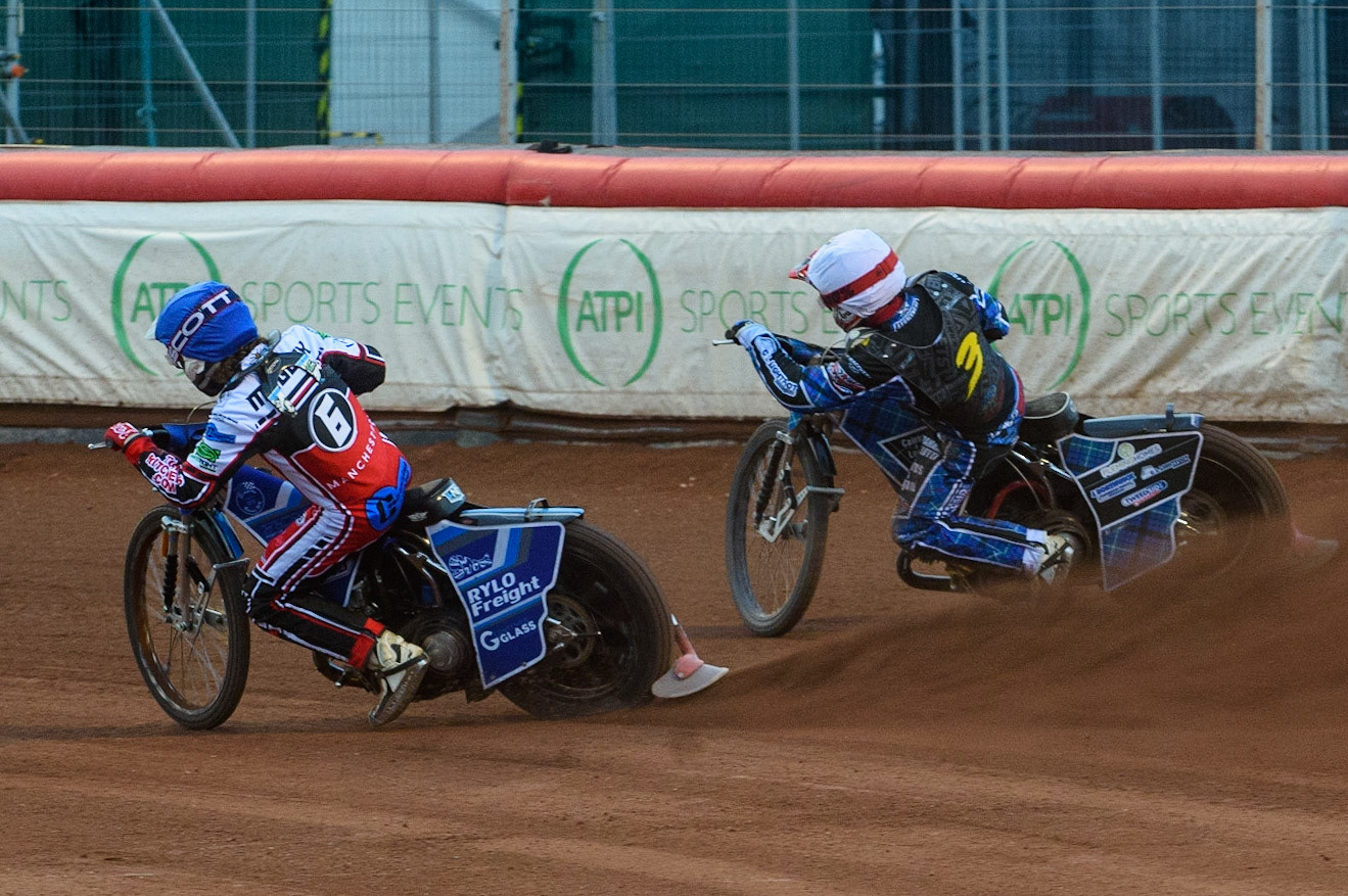 MANCHESTER, UK. MAY 28TH  Harry McGurk  (Blue) passes Greg Blair  (White) during the SGB National Development League match between Belle Vue Colts and Berwick Bullets at the National Speedway Stadium, Manchester on Friday 28th May 2021. (Credit: Ian Charles | MI News)