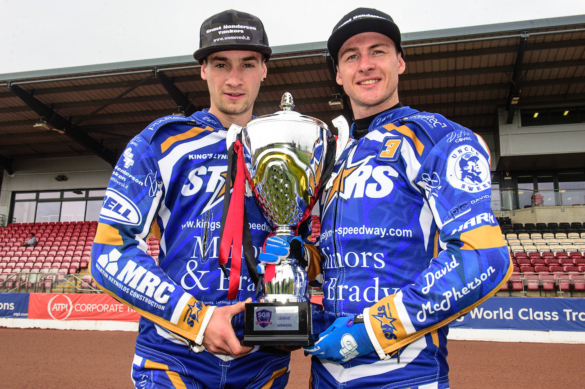 MANCHESTER, UK. APRIL 12TH: Jack Thomas and Josh Pickering with the Premiership Trophy at the Discovery Networks Eurosport Speedway Season Launch at the National Speedway Stadium, Manchester on Tuesday 12th April 2022 (Credit: Ian Charles | MI News)