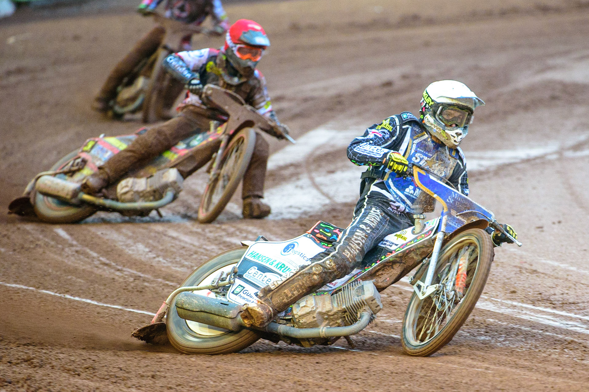 MANCHESTER, UK. MAY 16TH Niels-Kristian Iversen  (White) leads Michael Palm-Toft  (Red) during the SGB Premiership match between Belle Vue Aces and King's Lynn Stars at the National Speedway Stadium, Manchester on Monday 16th May 2022. (Credit: Ian Charles | MI News)