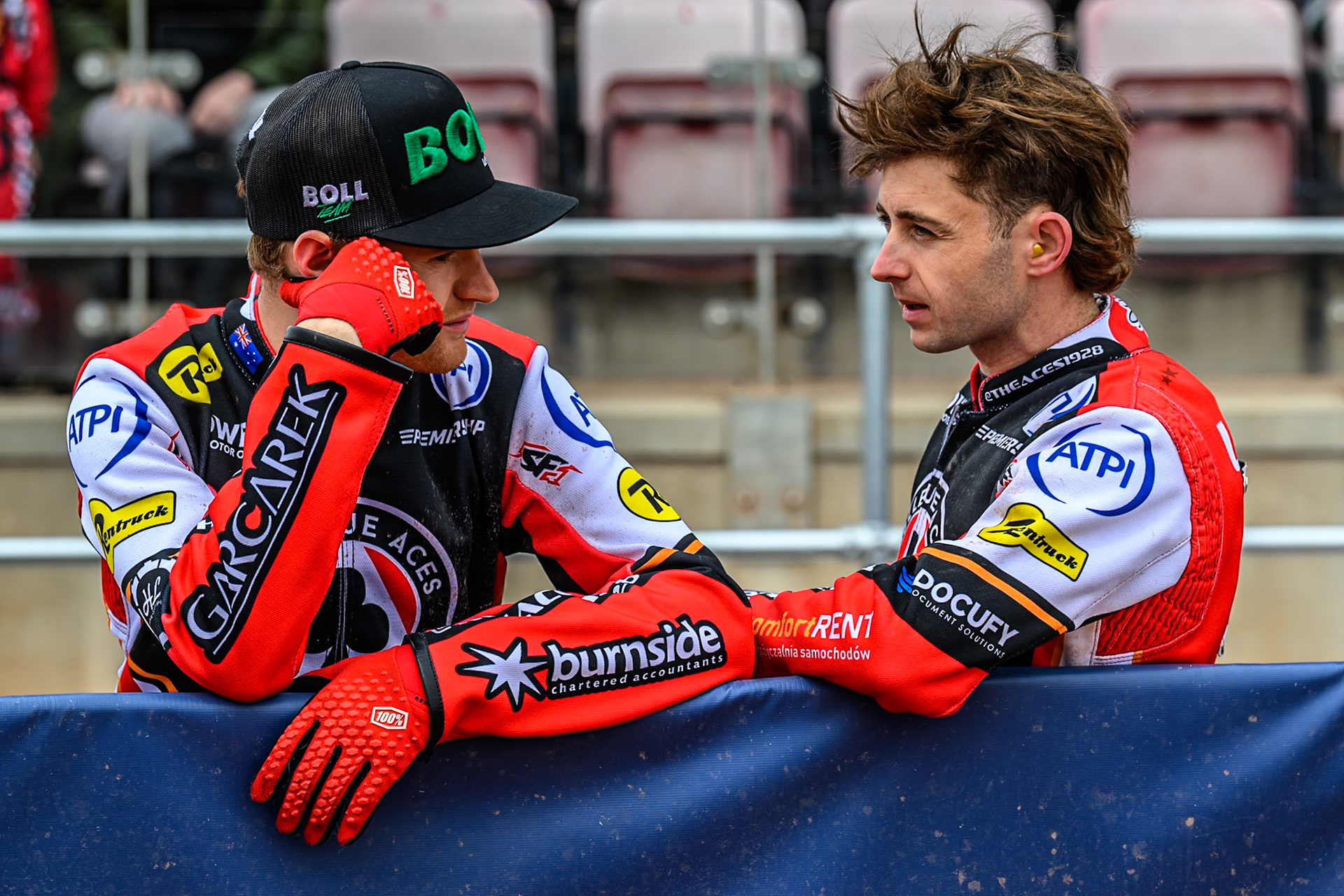 Belle Vue Aces' Brady Kurtz (Left) chats with Belle Vue Aces' Jaimon Lidsey during the Rowe Motor Oil Premiership match between Belle Vue Aces and Oxford Spires at the National Speedway Stadium, Manchester on Monday 26th May 2025. (Photo: Ian Charles | MI News)