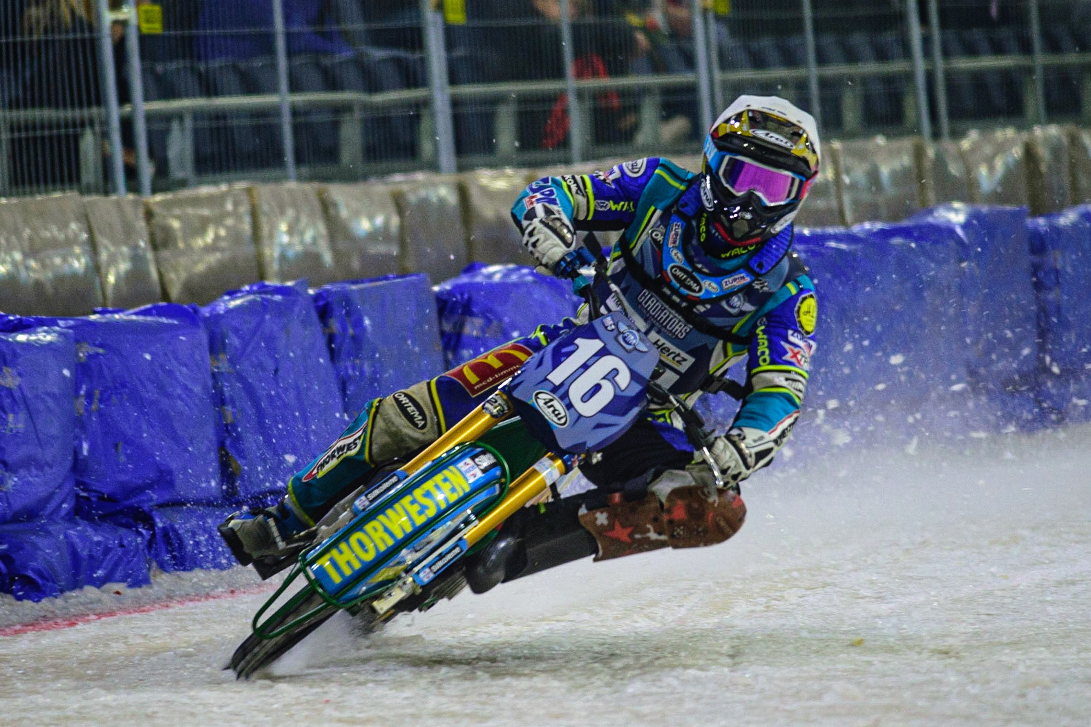 HEERENVEEN, NL.  Luca Bauer (16) in action during the FIM Ice Speedway Gladiators World Championship Final 4 at Ice Rink Thialf, Heerenveen on Sunday  3 April 2022. (Credit: Ian Charles | MI News)