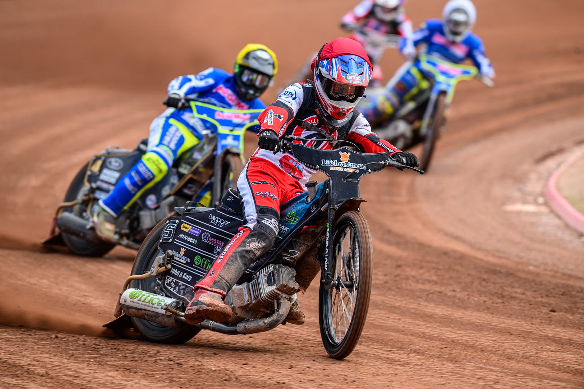 Belle Vue Colts' Freddy Hodder  in Red leading Oxford Chargers' Ashton Vale  in Yellow during the WSRA National Development League match between Belle Vue Colts and Oxford Chargers at the National Speedway Stadium, Manchester on Sunday 1st June 2025. (Photo: Ian Charles | MI News)