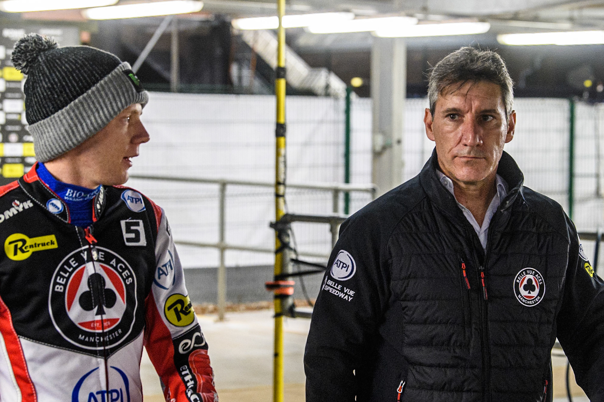 Belle Vue Aces' Dan Bewley  (Left) with Belle Vue Aces' Team Manager Mark Lemon  during the Rowe Motor Oil Premiership Grand Final 1st Leg between Belle Vue Aces and Leicester Lions at the National Speedway Stadium, Manchester on Monday 23rd September 2024. (Photo: Ian Charles | MI News)