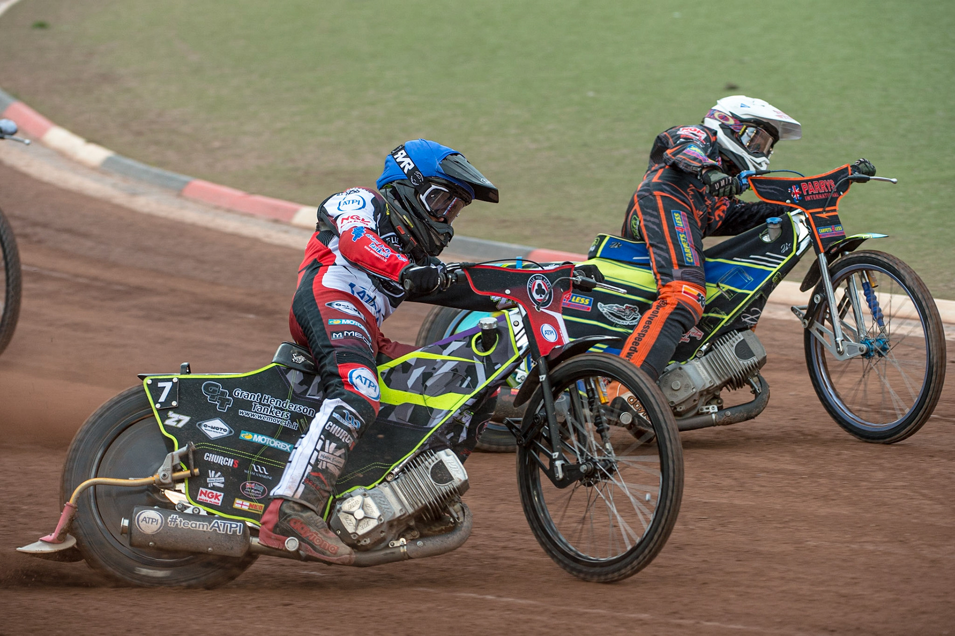MANCHESTER, UK. JUN 13TH Tom Brennan  (Blue) outside Nick Morris  (White) during the SGB Premiership match between Belle Vue Aces and Wolverhampton  Wolves at the National Speedway Stadium, Manchester on Monday 13th June 2022. (Credit: Ian Charles | MI News)