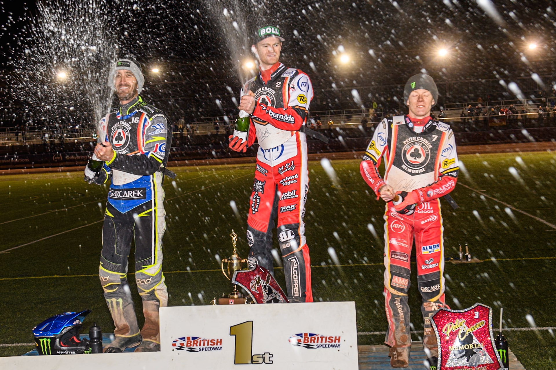 Champagne capers on the rostrum during the Peter Craven Memorial Trophy at the National Speedway Stadium, Manchester on Monday 17th March 2025. (Photo: Ian Charles | MI News)