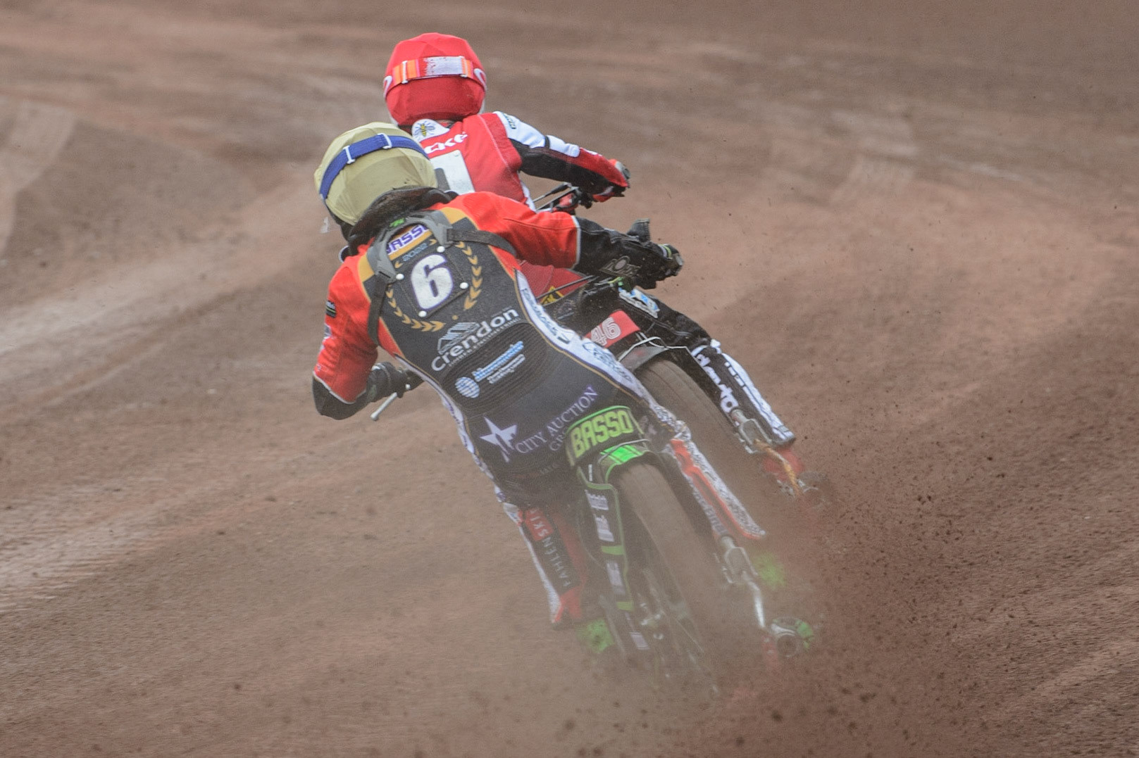 MANCHESTER, UK. MAY 2ND  Benjamin Basso  (Yellow) chases Max Fricke  (Red) during the SGB Premiership match between Belle Vue Aces and Peterborough at the National Speedway Stadium, Manchester on Monday 2nd May 2022. (Credit: Ian Charles | MI News)