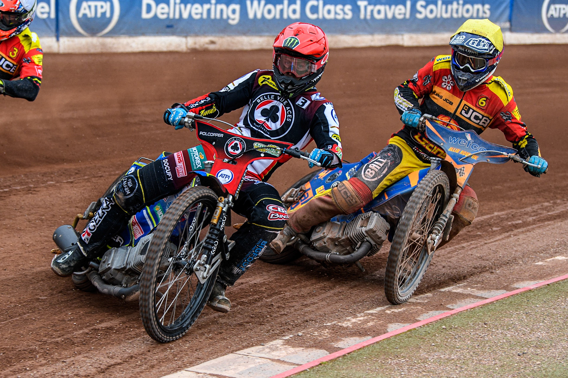Jaimon Lidsey (Red) in front of Jake Allen (Yellow) during the Sports Insure Premiership match between Belle Vue Aces and Leicester Lions at the National Speedway Stadium, Manchester on Monday 28th August 2023. (Photo: Ian Charles | MI News)
