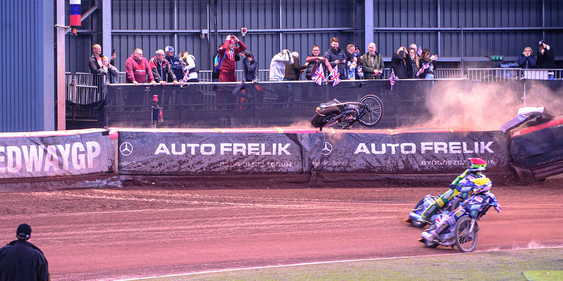 MANCHESTER, UK. OCT 16TH Tai Woffinden of Great Britain falls and hits the airfence during the Monster Energy FIM Speedway of Nations at the National Speedway Stadium, Manchester on Saturday  16th October 2021. (Credit: Ian Charles | MI News)