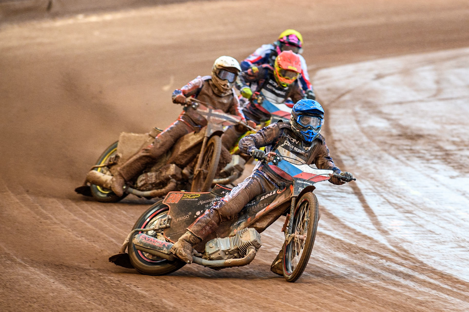 Jan Kvech of The Czech Republic in Blue leading Mathias Pollestad of Norway in White Vaclav Milik of The Czech Republic in Red and Truls Kamhaug of Norway in Yellow during the Monster Energy FIM Speedway of Nation Semi Final 2 at the National Speedway Stadium, Manchester on Wednesday 10th July 2024. (Photo: Ian Charles | MI News)