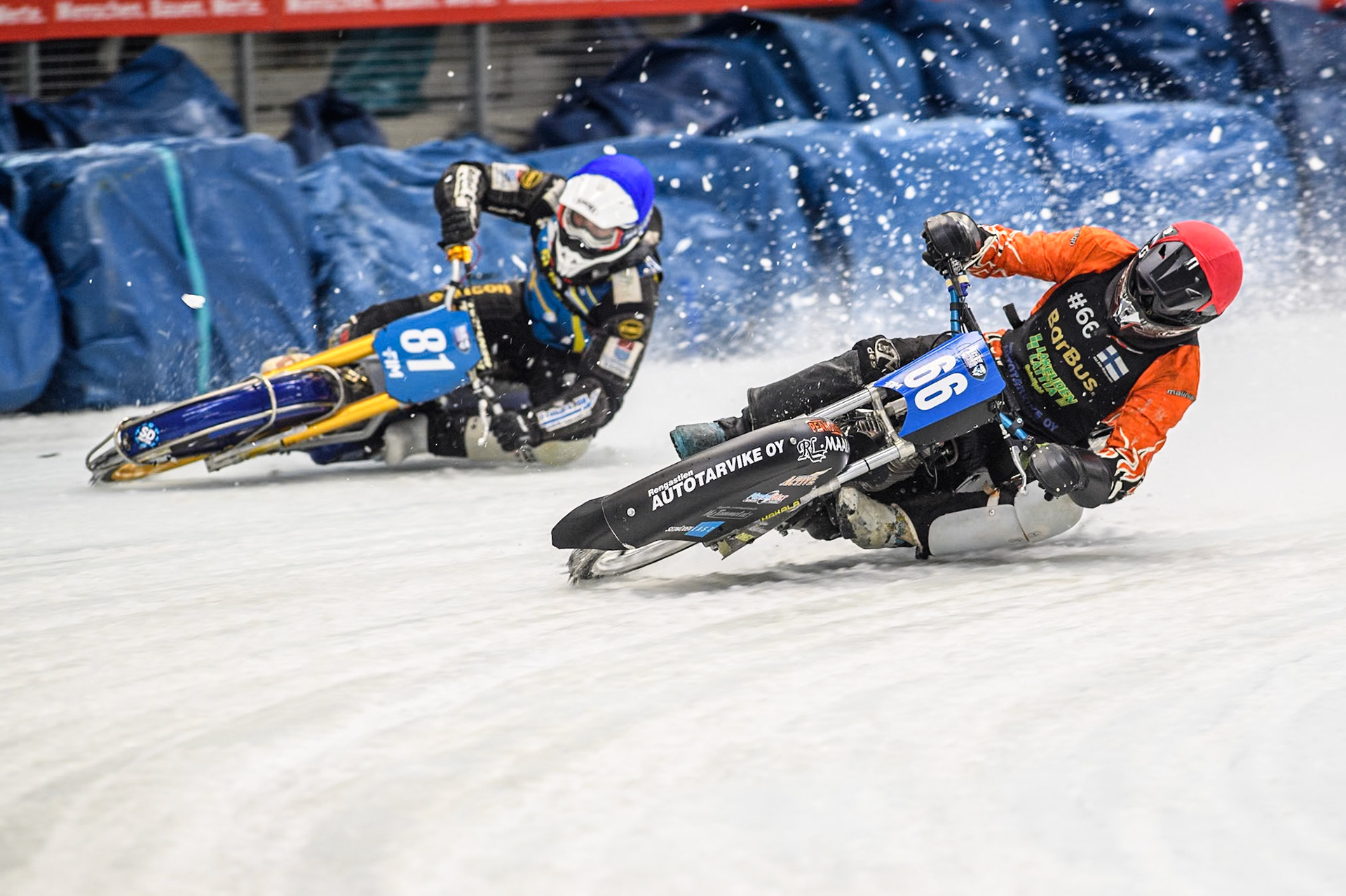Finland's Aki Ala-Riihimäki (66) (Red) inside  Sweden"s Jimmy Olsén (81) (Blue)during the FIM Ice Speedway Gladiators World Championship Final 2 at the Max-Aicher-Arena, Inzell on Sunday 24 March 2024. (Photo: Ian Charles | MI News)