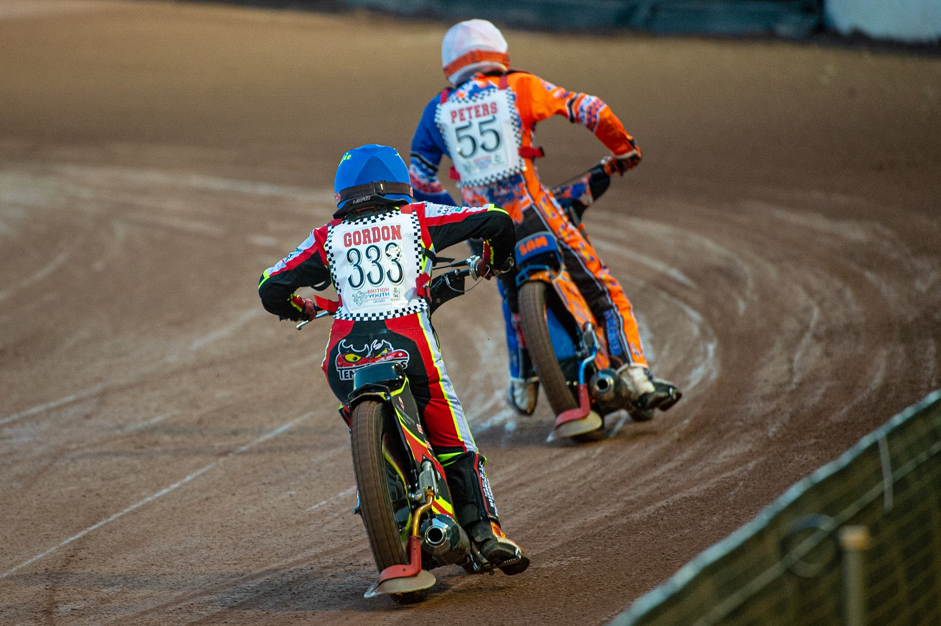 Photo: Ian CharlesKatie Gordon (Blue) chases Sam Peters (White) (500cc B Class) British Youth Speedway Championship (Round 5), National Speedway Stadium, Manchester Saturday  10  October  2020