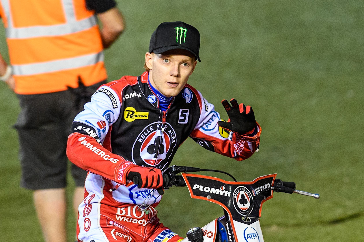 Belle Vue Aces' Dan Bewley on the parade lap during the Rowe Motor Oil Premiership Play Off Semi Final 2, 1st Leg match between Belle Vue Aces and Sheffield Tigers at the National Speedway Stadium, Manchester on Monday 16th September 2024. (Photo: Ian Charles | MI News)