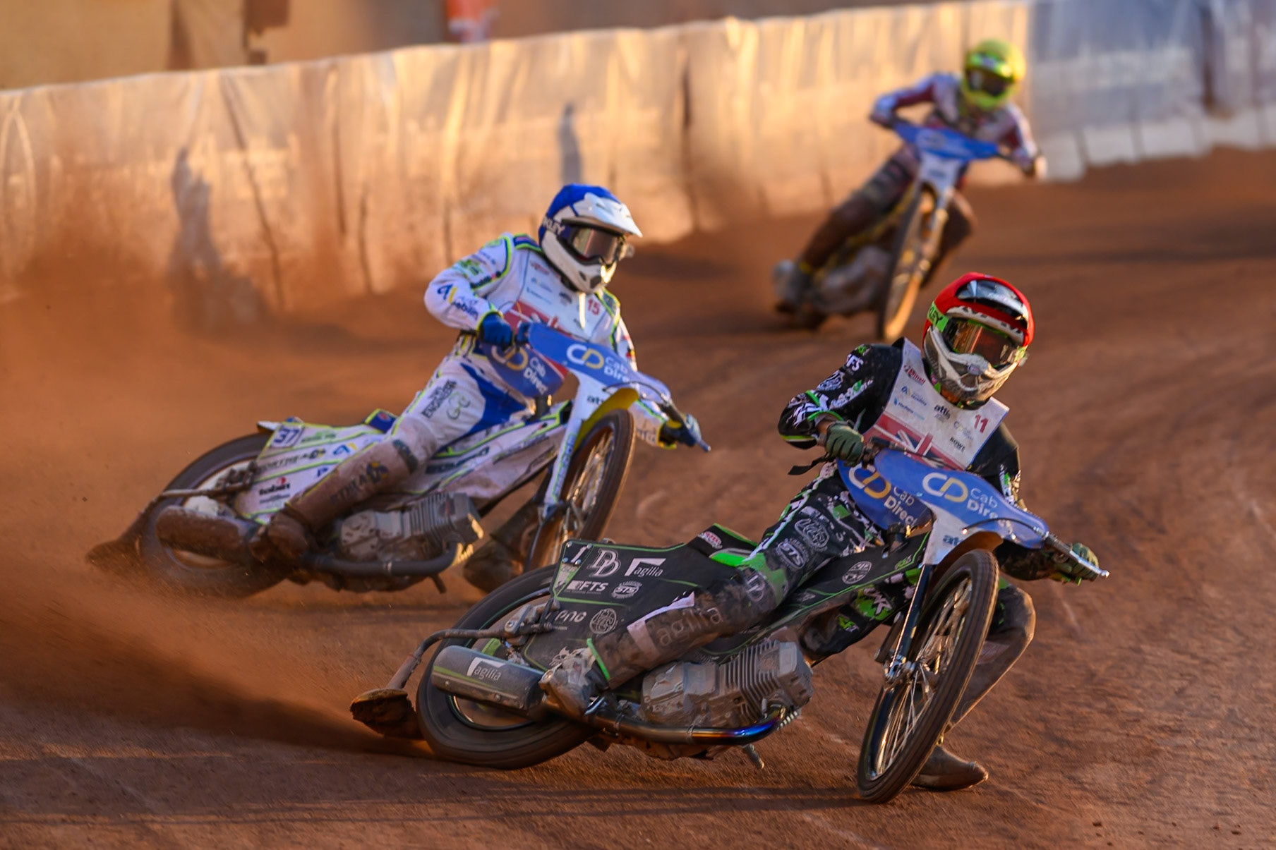 Charles Wright (11) in Red leading Chris Harris (15) in Blue during the Cab Direct British Speedway Championship Final at the National Speedway Stadium, Manchester on Saturday 15th August 2026. (Photo: Ian Charles | MI News)