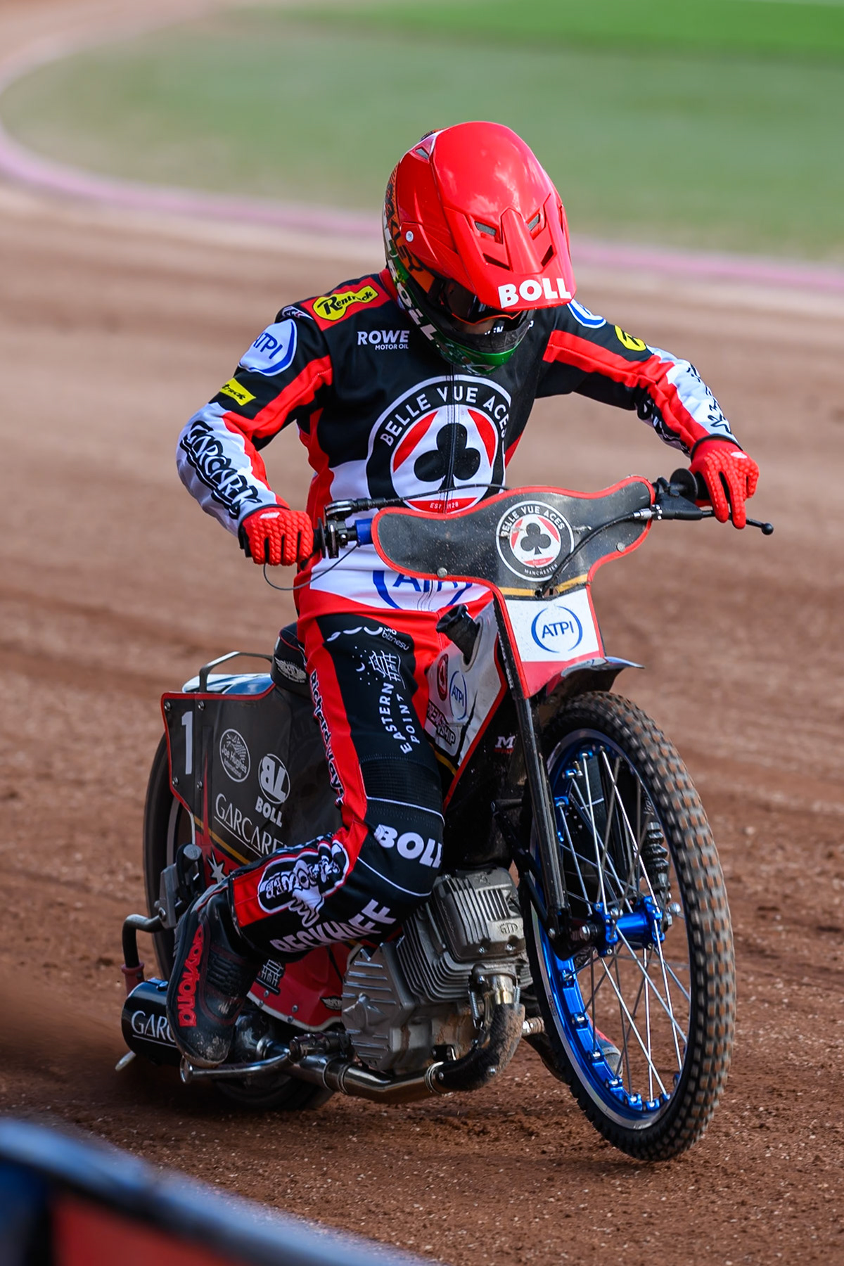 Brady Kurtz of Belle Vue Aces does a practice start during the Belle Vue Aces Media Day at the National Speedway Stadium, Manchester on Wednesday 11th March 2026. (Photo: Ian Charles | MI News)