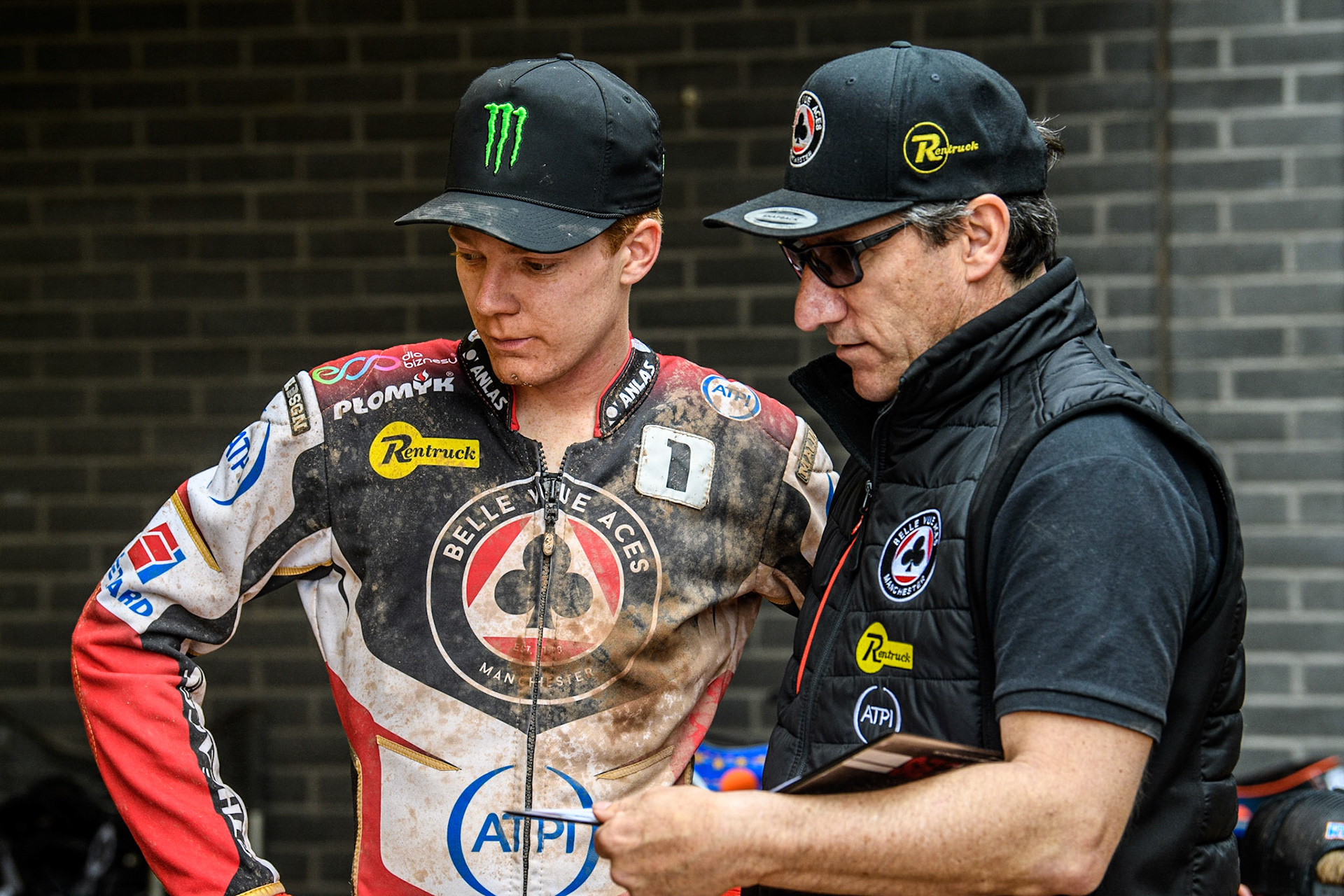 Dan Bewley  (left) with Belle Vue ATPI Aces  Team Manager Mark Lemon  during the SGB Premiership match between Belle Vue Aces and Leicester Lions at the National Speedway Stadium, Manchester on Monday 1st May 2023. (Photo: Ian Charles | MI News)