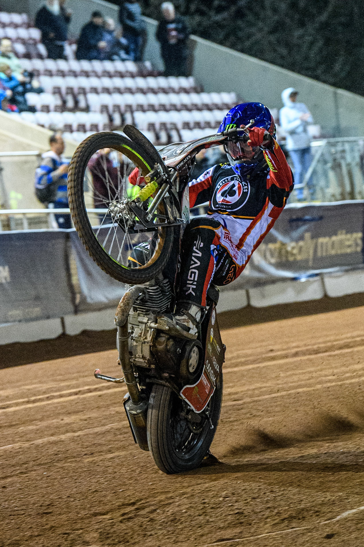 Belle Vue Aces' Jaimon Lidsey celebrates with a wheelie during the Rowe Motor Oil Premiership match between Belle Vue Aces and Oxford Spires at the National Speedway Stadium, Manchester on Monday 14th April 2025. (Photo: Ian Charles | MI News)