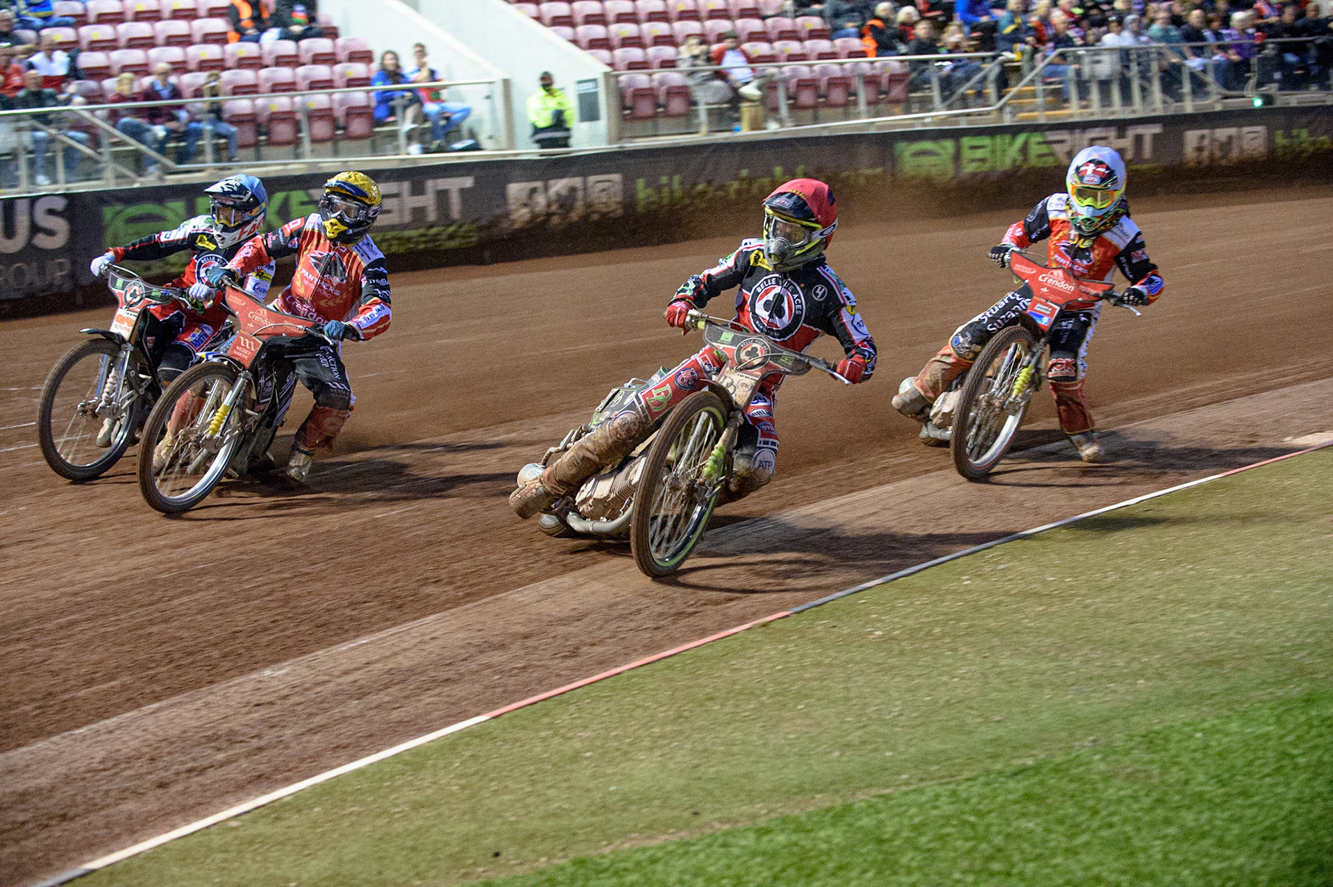 MANCHESTER, UK. AUG 9TH Charles Wright  (Red) leads Michael Palm Toft  (White), Bjarne Pedersen  (Yellow) and Dan Bewley  (Blue)  during the SGB Premiership match between Belle Vue Aces and Peterborough at the National Speedway Stadium, Manchester on Monday 9th August 2021. (Credit: Ian Charles | MI News)