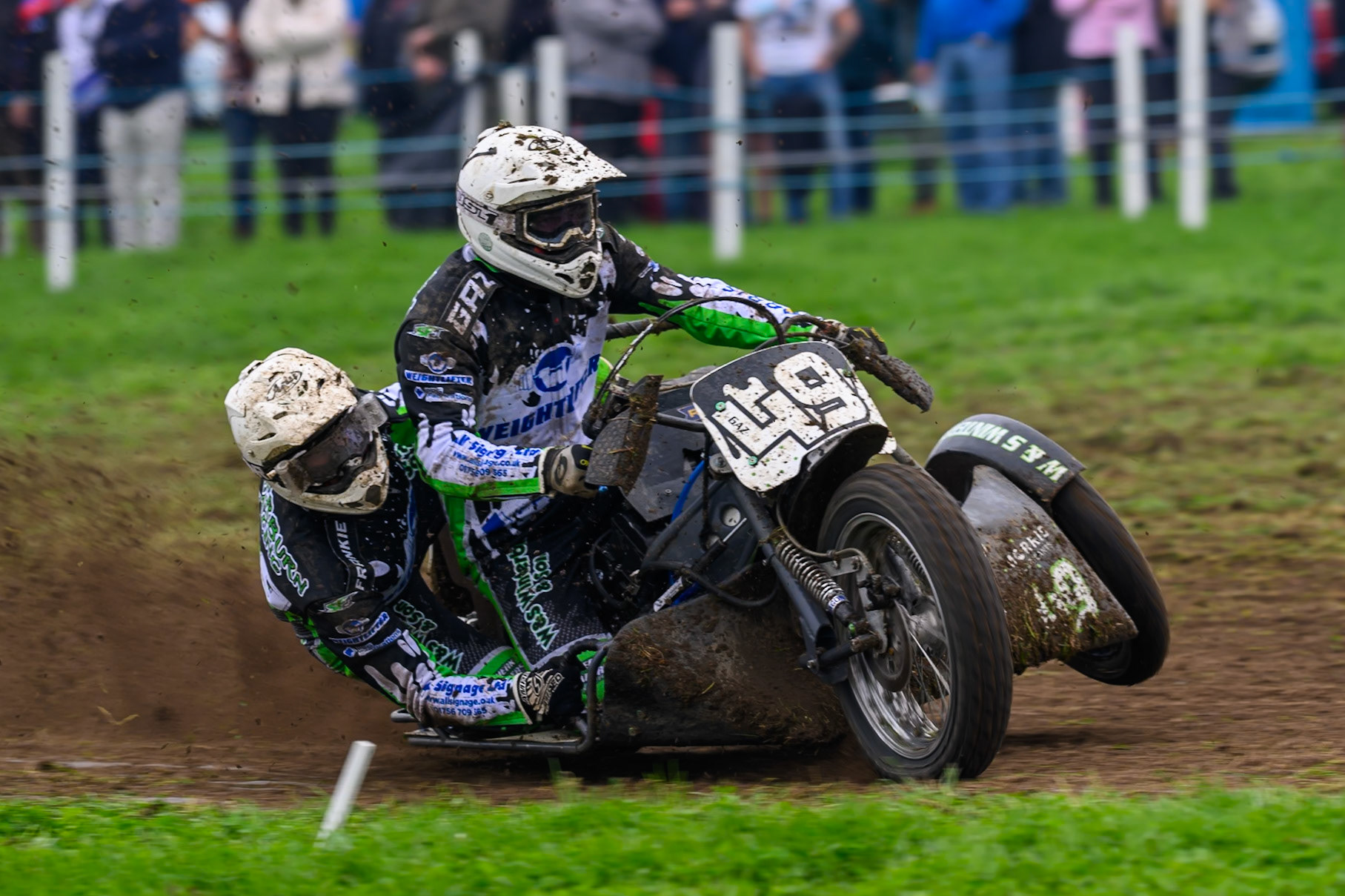 British Masters 1000cc Sidecars: Gareth Winterburn/Frankie Courtney (49) during the British Masters Grasstrack Championship at Lower Marsh Farm, Much Hoole, Preston in Lancashire, England on Sunday 13th September 2026. (Photo: Ian Charles | MI News)