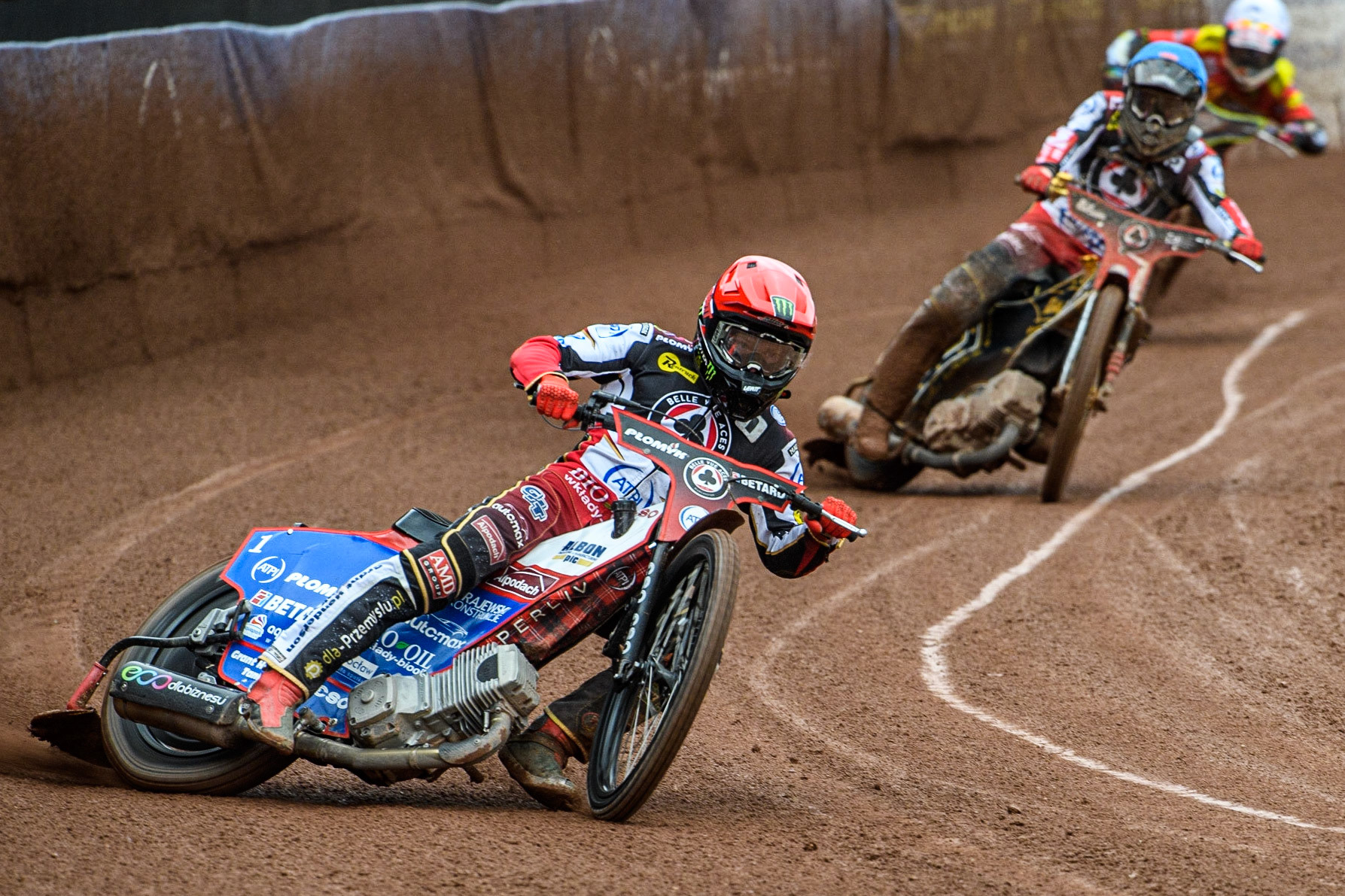 Dan Bewley  (Red) leads Norick Blodorn  (Blue)  and Nick Morris  (White) during the SGB Premiership match between Belle Vue Aces and Leicester Lions at the National Speedway Stadium, Manchester on Monday 1st May 2023. (Photo: Ian Charles | MI News)