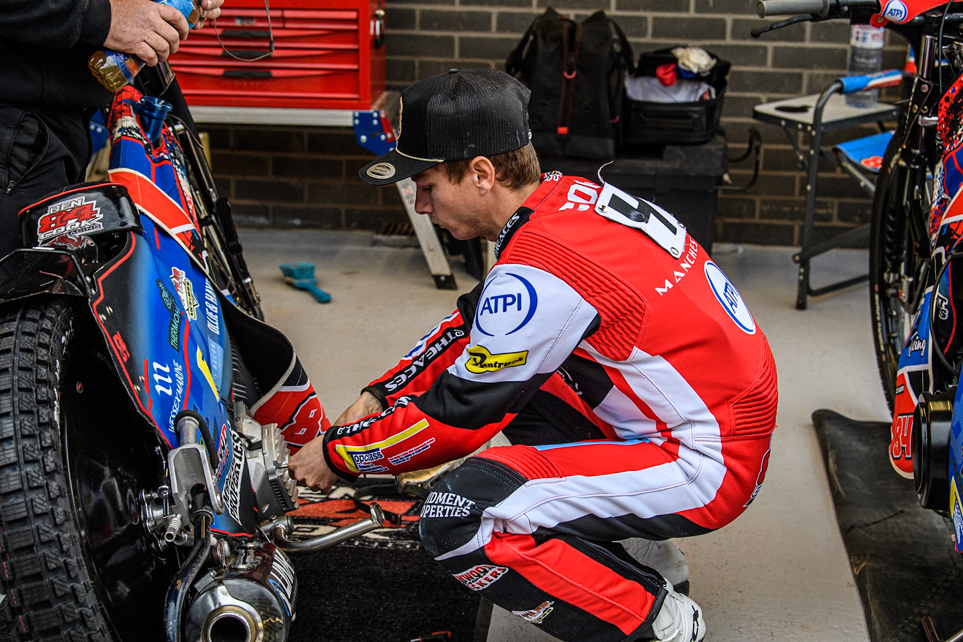 Belle Vue Aces' Ben Cook works o0n his bike during the Rowe Motor Oil Premiership match between Belle Vue Aces and King's Lynn Stars at the National Speedway Stadium, Manchester on Monday 20th May 2024. (Photo: Ian Charles | MI News)