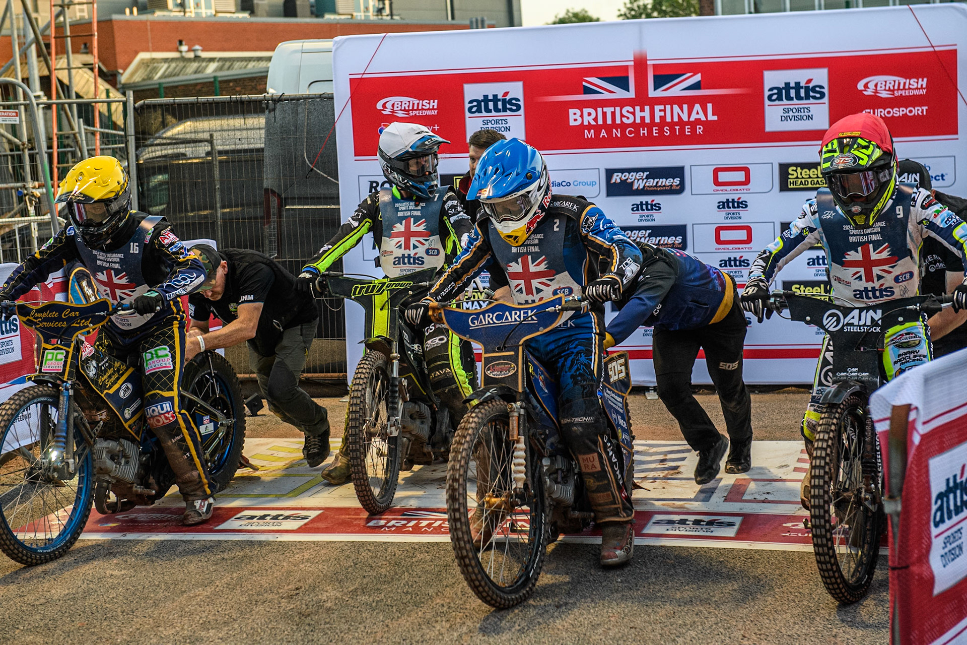 Riders pushed off to go to the strat line during the Attis Insurance Sports Division British Speedway Championship Final at the National Speedway Stadium, Manchester on Saturday 8th June 2024. (Photo: Ian Charles | MI News)