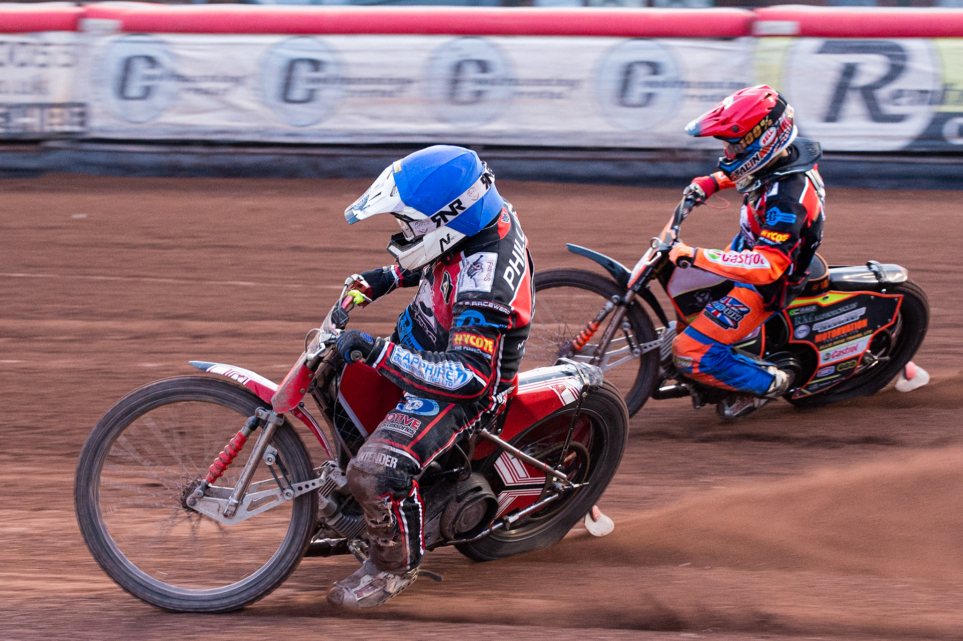 Photo: Ian Charles

Danny Phillips  (Blue) inside Jordan Palin  (Red)

Belle Vue Colts v Leicester Cubs, SGB National League, Belle Vue National Speedway Stadium, Manchester, Thursday 8  August  2019