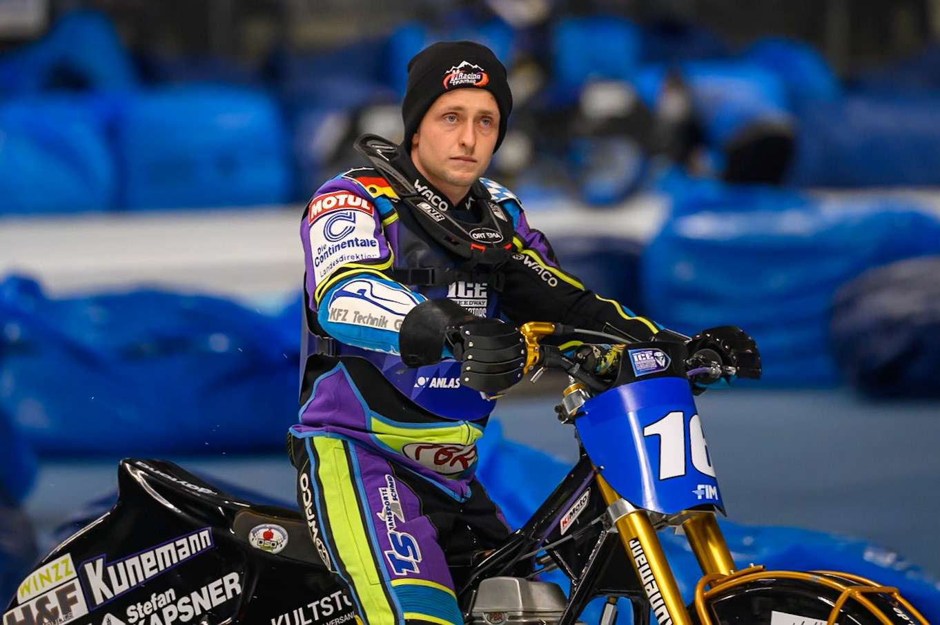 Wild Card Maximillian Niedermaier of Germany  on the parade lap during the Ice Speedway Gladiators World Championship Final 1 at Max-Aicher-Arena, Inzell on Saturday 14th March 2026. (Photo: Ian Charles | MI News)