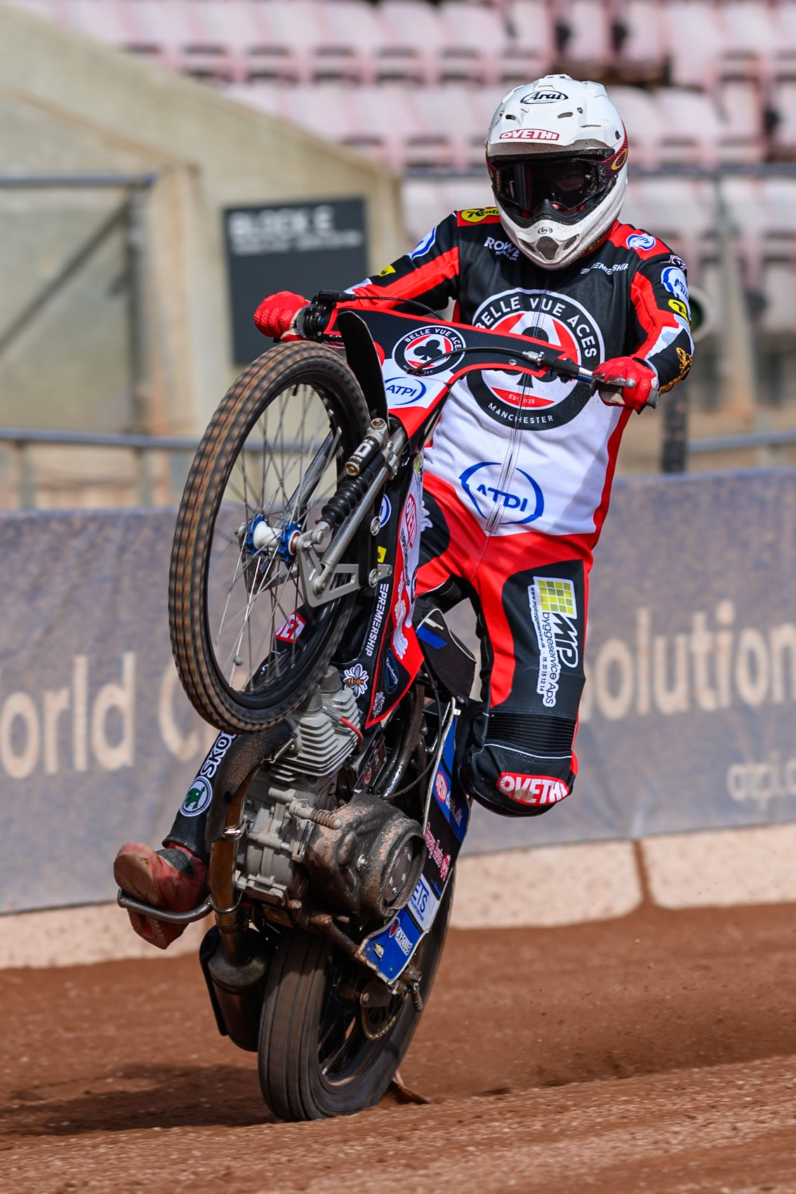 Peter Kildemand of Belle Vue Aces does a wheelie during the Belle Vue Aces Media Day at the National Speedway Stadium, Manchester on Wednesday 11th March 2026. (Photo: Ian Charles | MI News)