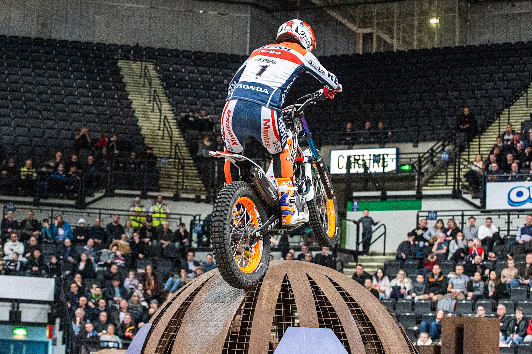 SHEFFIELD, ENGLAND  - DECEMBER 28TH  Tony Bou, Spain (Montessa) on the globe obstacle  during the 25th Anniversary Sheffield Indoor Trial at the FlyDSA Arena, Sheffield on Saturday 28th December 2019. (Credit: Ian Charles | MI News)
