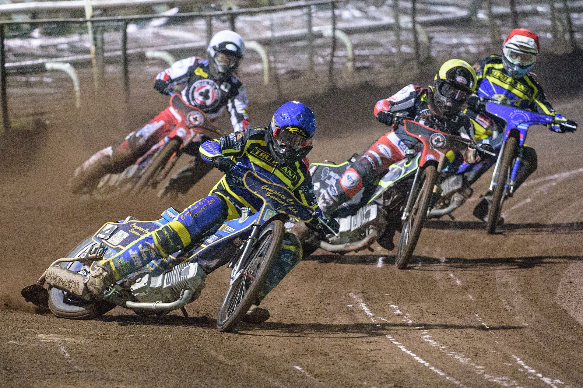 Kyle Howarth  (Blue) leads Tom Brennan   (Yellow) Brady Kurtz  (White) and Adam Ellis  (Red) during the SGB Premiership Grand Final 2nd Leg between Sheffield Tigers and Belle Vue Aces at Owlerton Stadium, Sheffield on Thursday 13th October 2022. (Credit: Ian Charles | MI News)