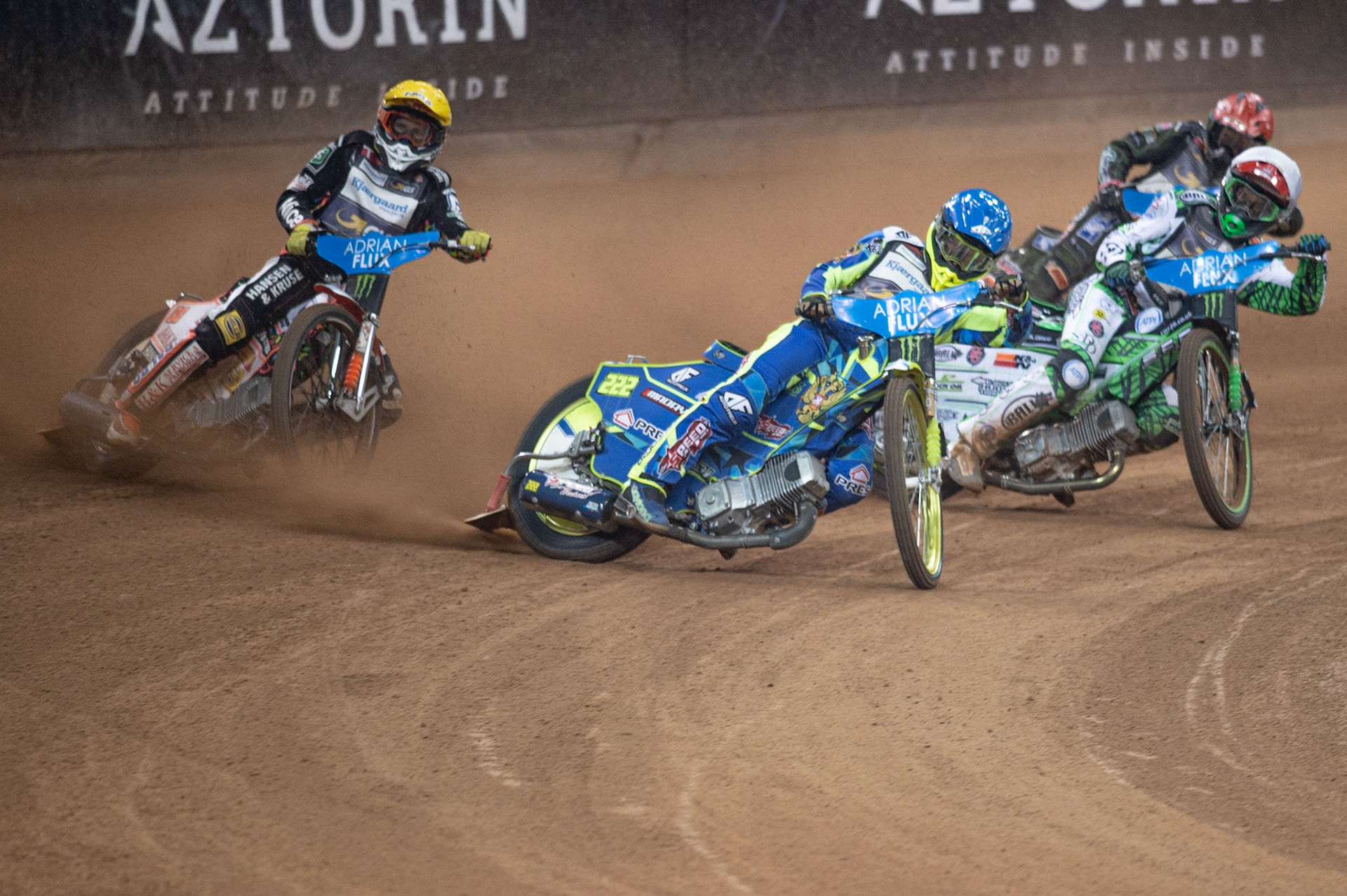 CARDIFF,WALES  Artem Laguta (Blue) leads Charles Wright (White) Niels-Kristian Iversen (Yellow) and Janus Kolodziej (Red) during the ADRIAN FLUX BRITISH FIM SPEEDWAY GRAND PRIX at the Principality Stadium, Cardiff on Saturday 21st September 2019. (Credit: Ian Charles | MI News)