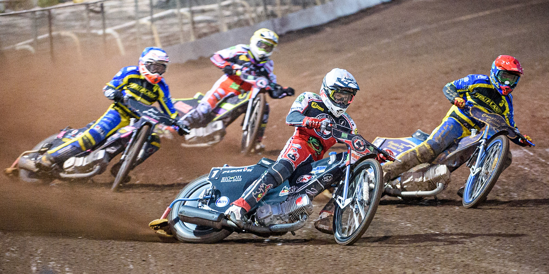 SHEFFIELD, UK. AUG 2NDDan Bewley  (White) leads Kyle Howarth  (Red)Josh Pickering   (Blue) and Tom Brennan  (Yellow) during the SGB Premiership match between Sheffield Tigers and Belle Vue Aces at Owlerton Stadium, Sheffield on Thursday 2nd September 2021. (Credit: Ian Charles | MI News)