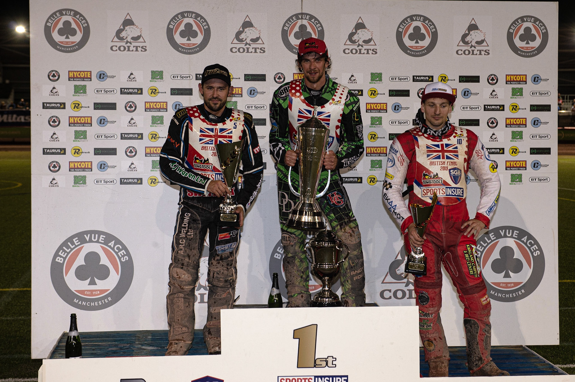 Photo: Ian Charles

British Final Top 3: (l-r) Danny King, (2nd), Charles Wright (1st), Craig Cook (3rd)

Sports Insure British Final,  Belle Vue National Speedway Stadium, Manchester Monday 29  July  2019
