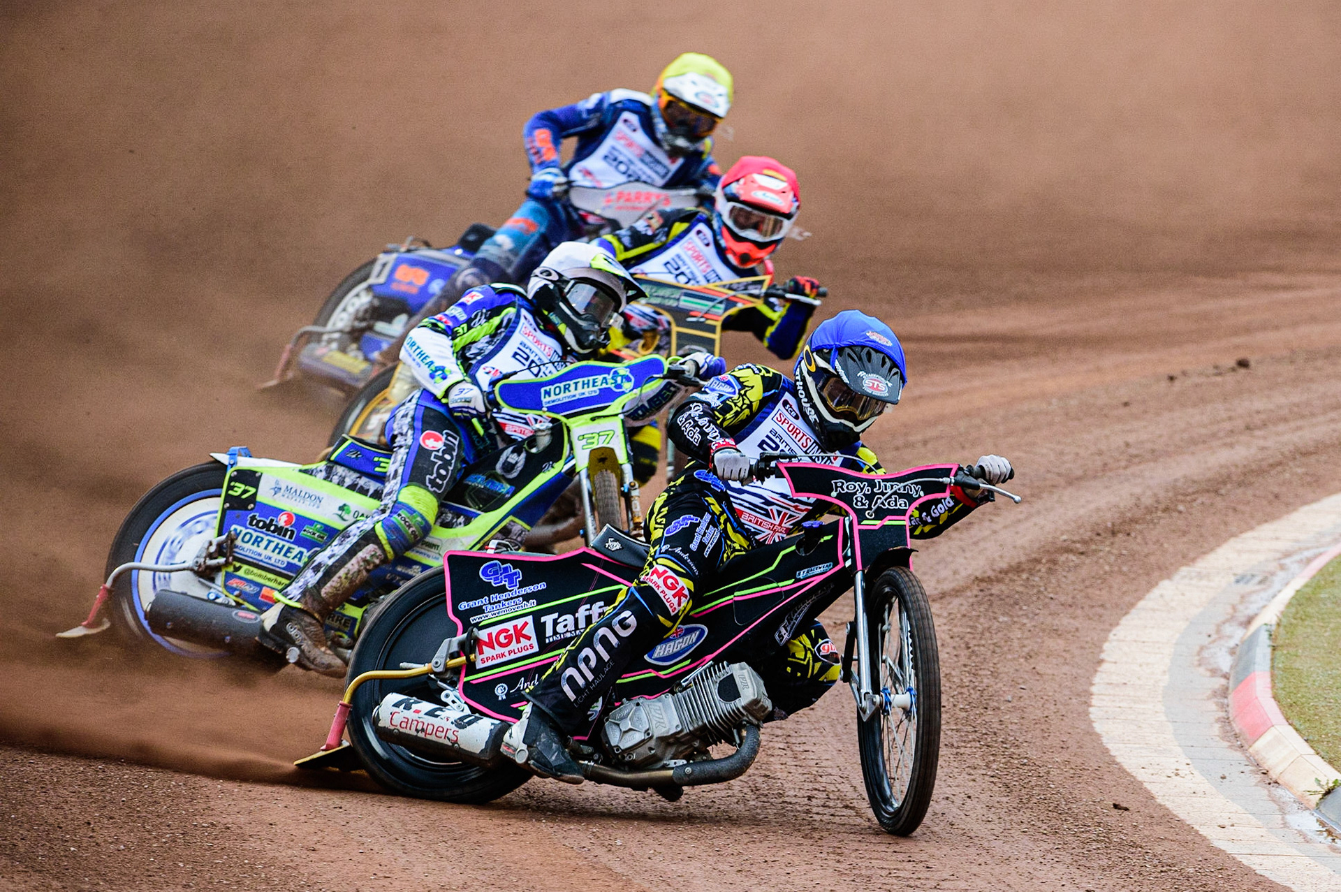 Leon Flint  (Blue) leads Chris Harris  (White). Connor Mountain (Red) and Steve Worrall  (Yellow) during the Sports Insure British Speedway Championship Final at the National Speedway Stadium, Bellevue, Manchester, England on Monday 1st August 2022. (Photo by: Ian Charles | MI News)