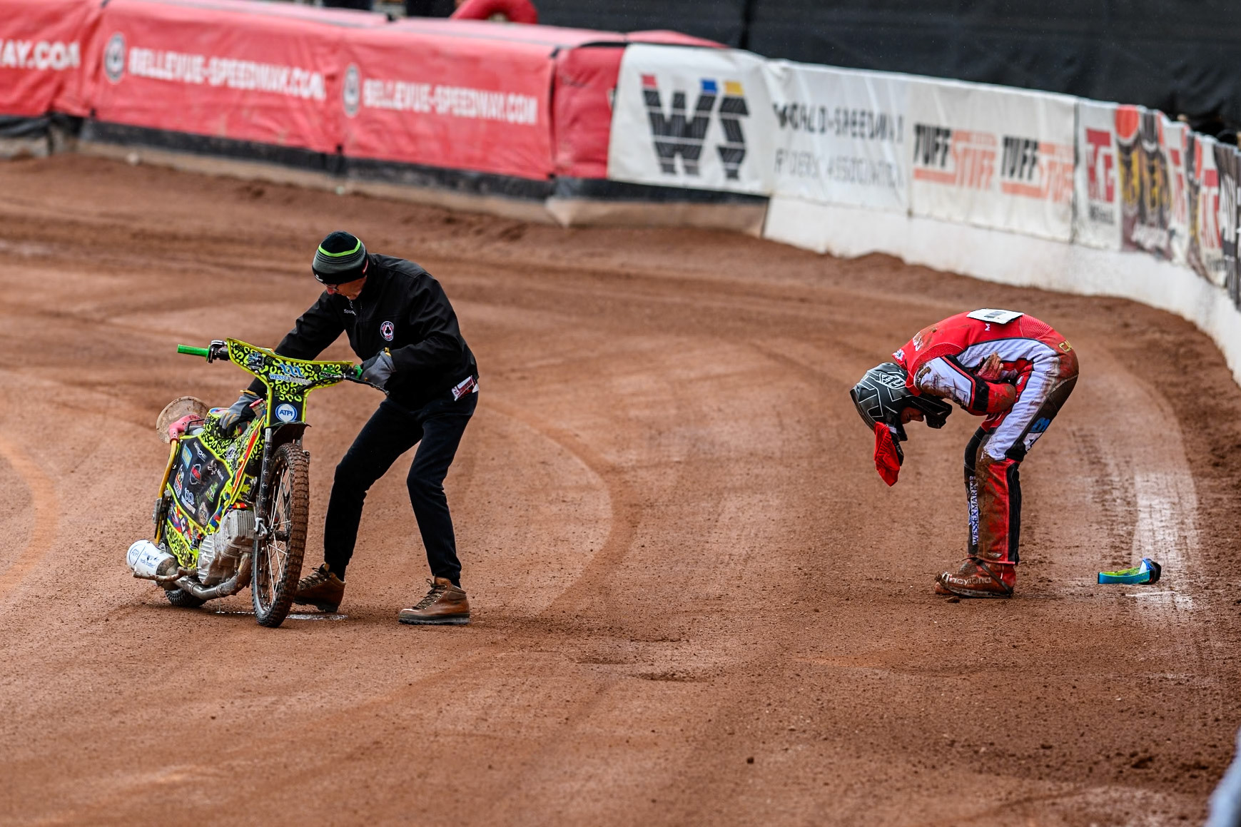 Belle Vue Colts' William Cairns after his fall on the first lap of Heat 1 during the WSRA National Development League match between Belle Vue Colts and Oxford Chargers at the National Speedway Stadium, Manchester on Sunday 1st June 2025. (Photo: Ian Charles | MI News)