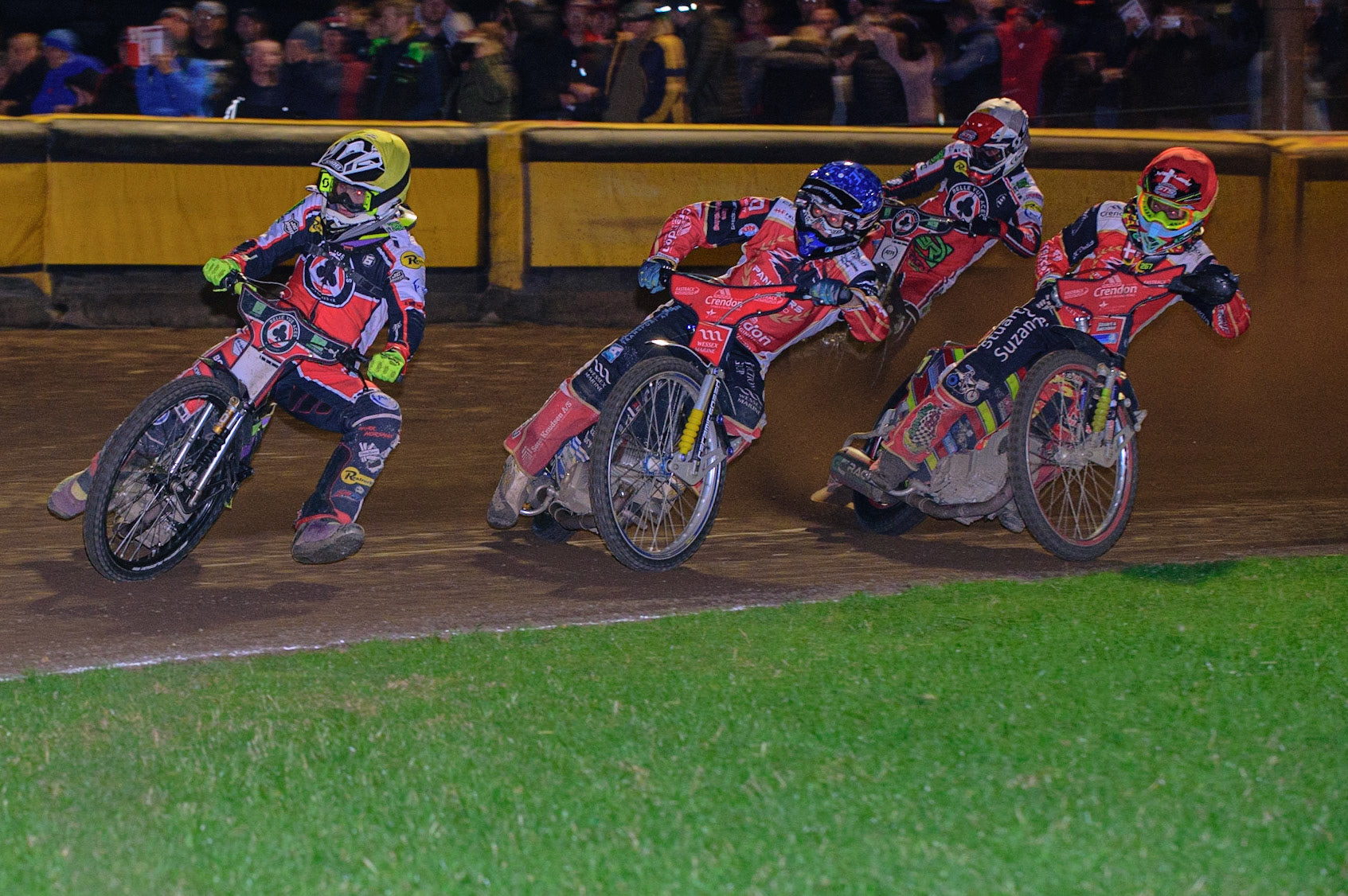 PETERBOROUGH, UK. OCT 14TH Tom Brennan  (Yellow) leads Bjarne Pedersen  (Blue), Michael Palm Toft  (Red) and Richie Worrall  (White) during the SGB Premiership Grand Final 2nd leg between Peterborough and Belle Vue Aces at East of England Showground, Peterborough on Thursday 14th October 2021. (Credit: Ian Charles | MI News)