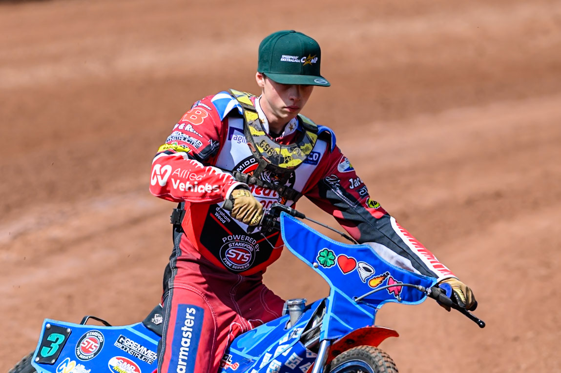 Stene Pijper of Middlesborough Tigers on the parade lap  during the WSRA National Development League match between Belle Vue Colts and Middlesbrough Tigers at the National Speedway Stadium, Manchester on Sunday 10th August 2025. (Photo: Mark Fletcher | MI News)
