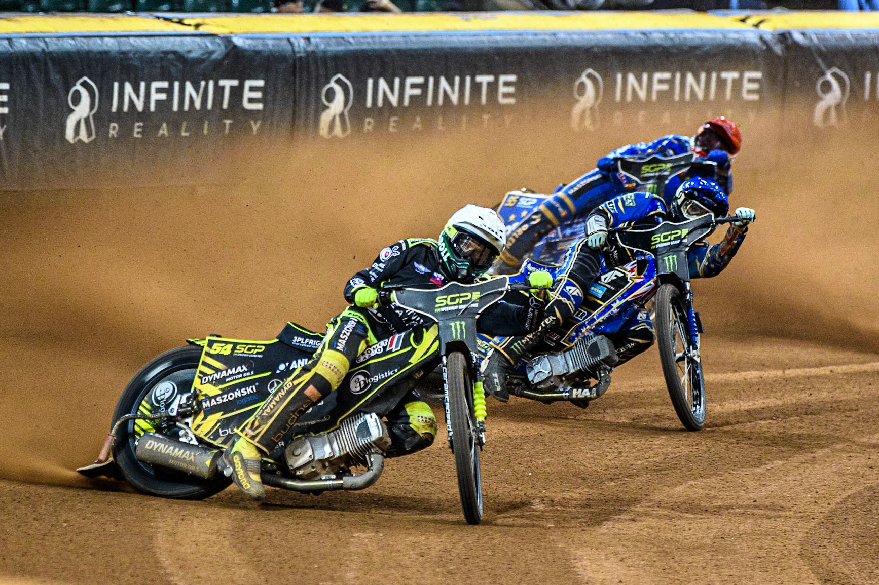 Martin Vaculik (54) (White) leads  the final ahead of Jack Holder (25) (Blue) and Bartosz Zmarzlik (95) (Red) during the FIM Speedway Grand Prix of Great Britain at the Principality Stadium, Cardiff on Saturday 2nd September 2023. (Photo: Ian Charles | MI News)