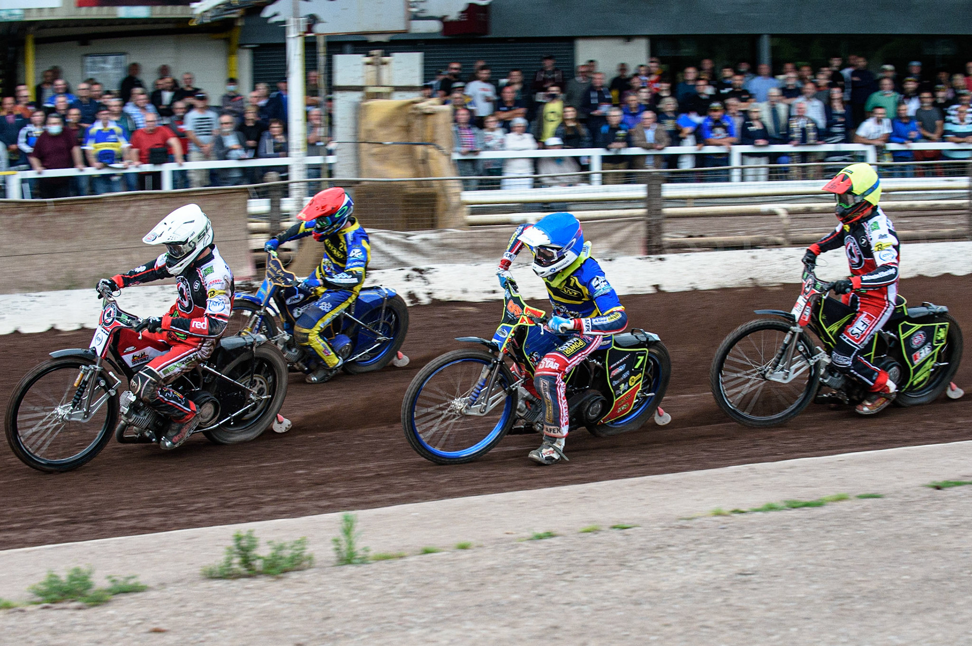SHEFFIELD, UK. JULY 1ST     Richie Worrall  (White) leads Kyle Howarth  (Red), Anders Rowe  (Blue) and Jye Etheridge  (Yellow)  during the SGB Premiership match between Sheffield Tigers and Belle Vue Aces at Owlerton Stadium, Sheffield on Thursday 1st July 2021. (Credit: Ian Charles | MI News)