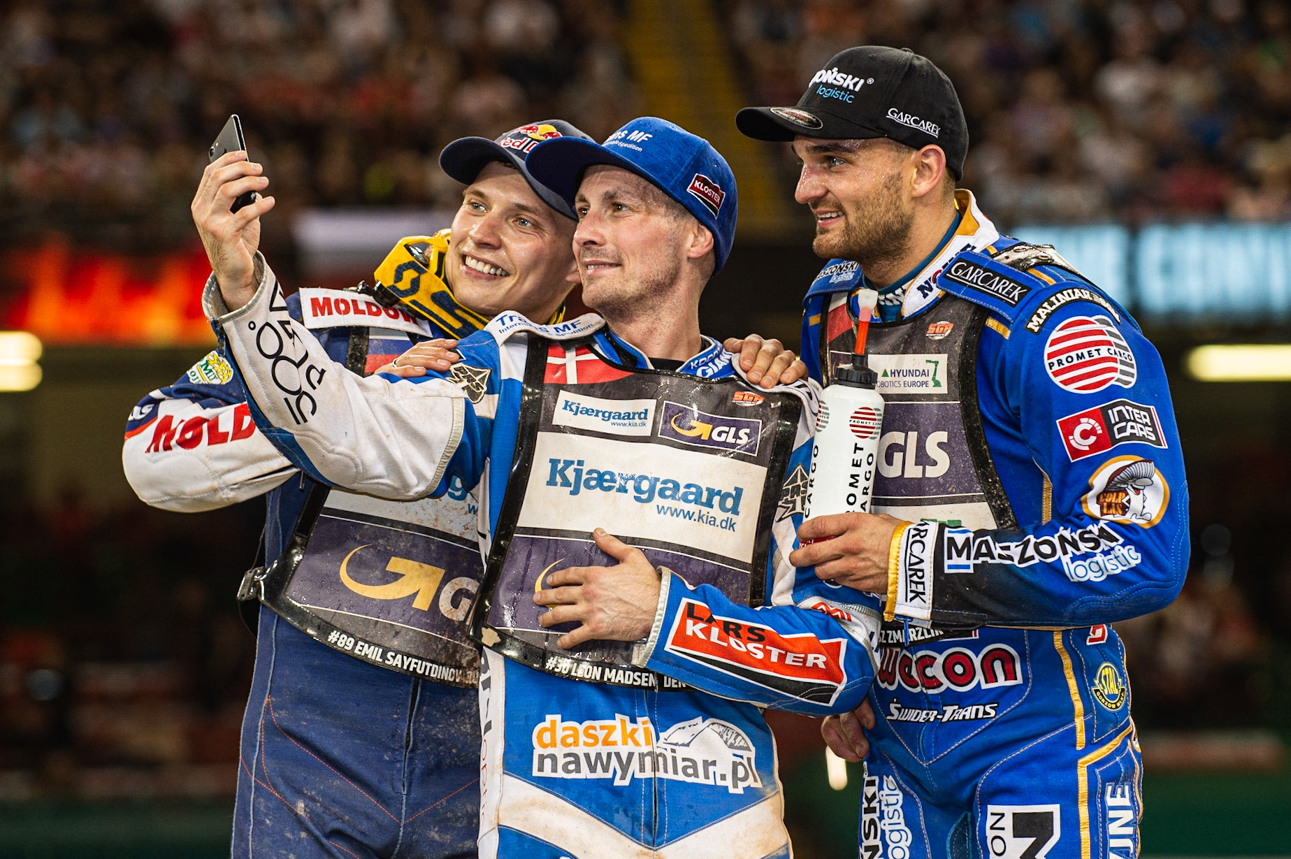CARDIFF,WALES The Top 3 Selfie (l-r) Emil Saijfutdinov, Leon Madsen and Bartoz Zmarzlik  during the ADRIAN FLUX BRITISH FIM SPEEDWAY GRAND PRIX at the Principality Stadium, Cardiff on Saturday 21st September 2019. (Credit: Ian Charles | MI News)