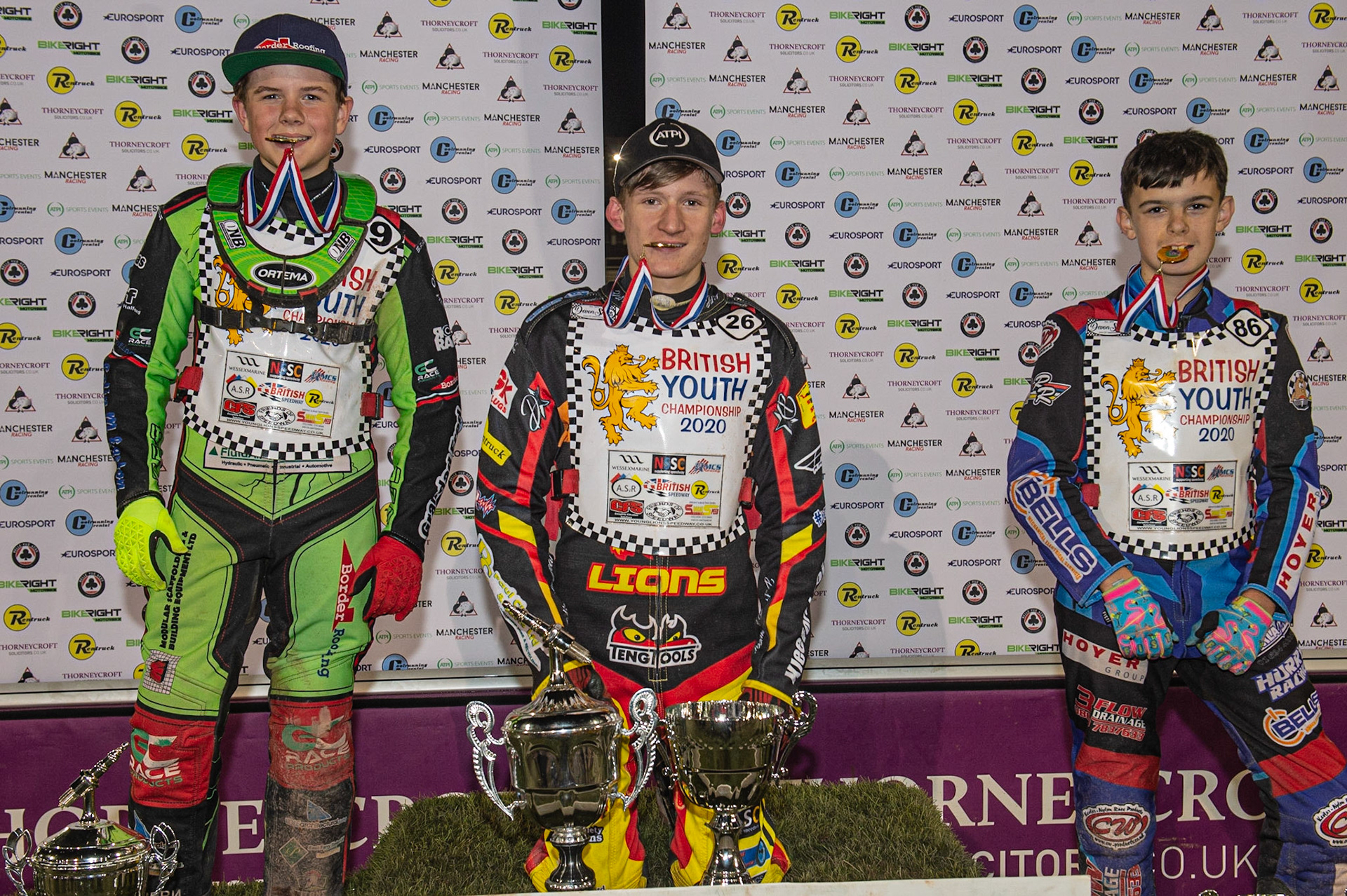 Photo: Ian CharlesAll the British Youth Champions:(l-r) Luke Harrison (250cc), Dan Thompson (500cc), Sonny Springer (125cc)British Youth Speedway Championship (Round 5), National Speedway Stadium, Manchester Saturday  10  October  2020
