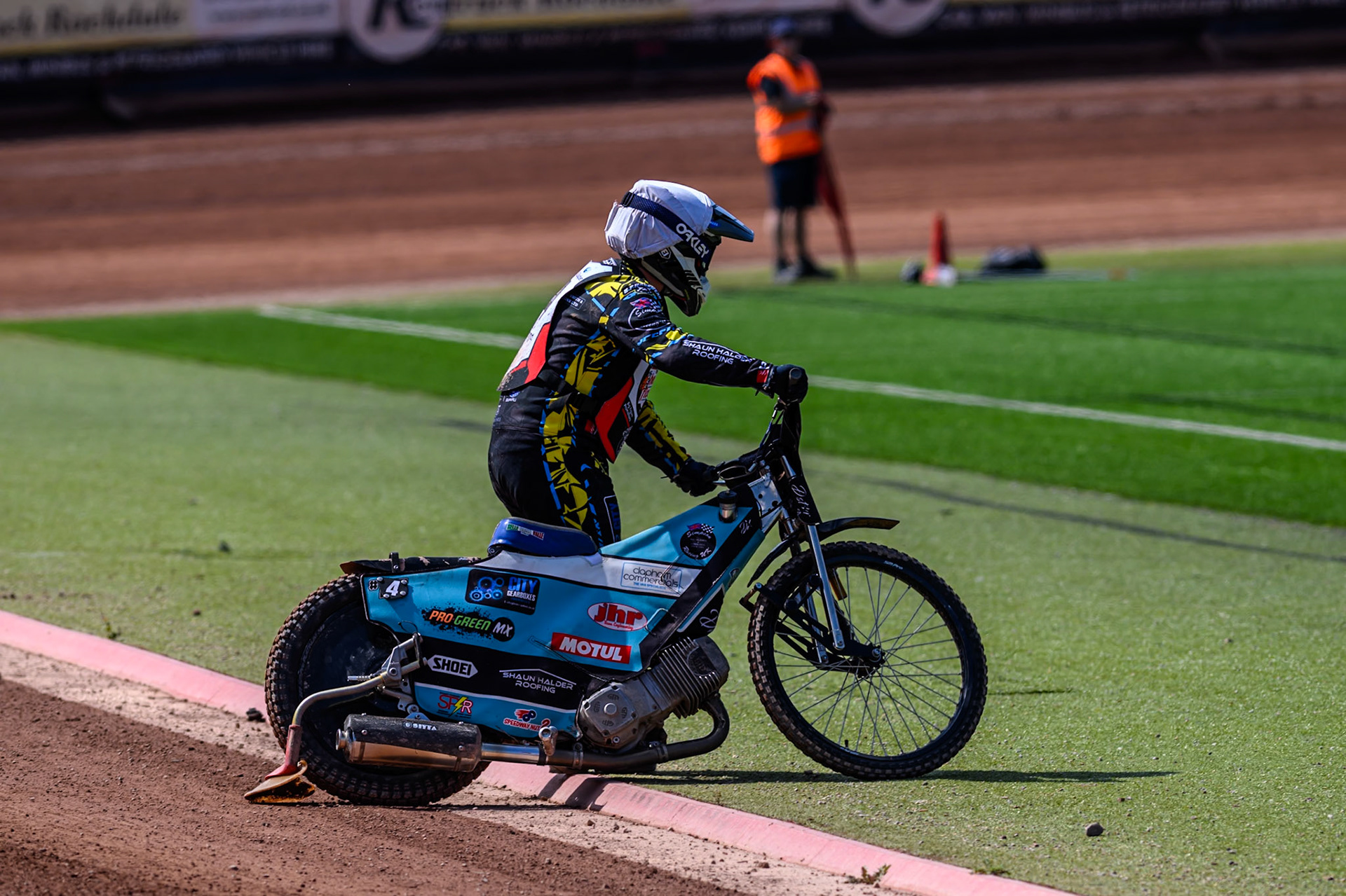 Jamie Halder of Middlesborough Tigers  pulls off the track with actin trouble during the WSRA National Development League match between Belle Vue Colts and Middlesbrough Tigers at the National Speedway Stadium, Manchester on Sunday 10th August 2025. (Photo: Mark Fletcher | MI News)